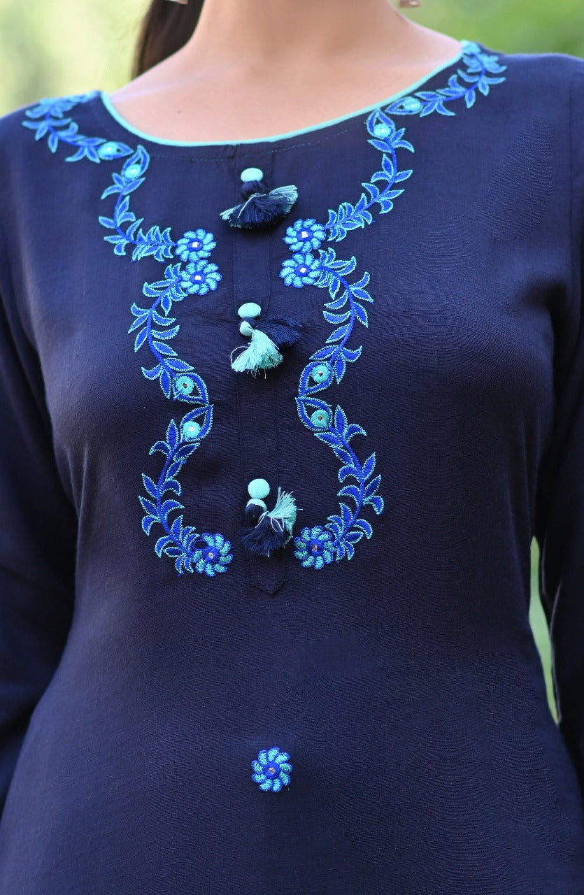 Navy Blue Embroidered Kurta Set with Turquoise Straight Pants