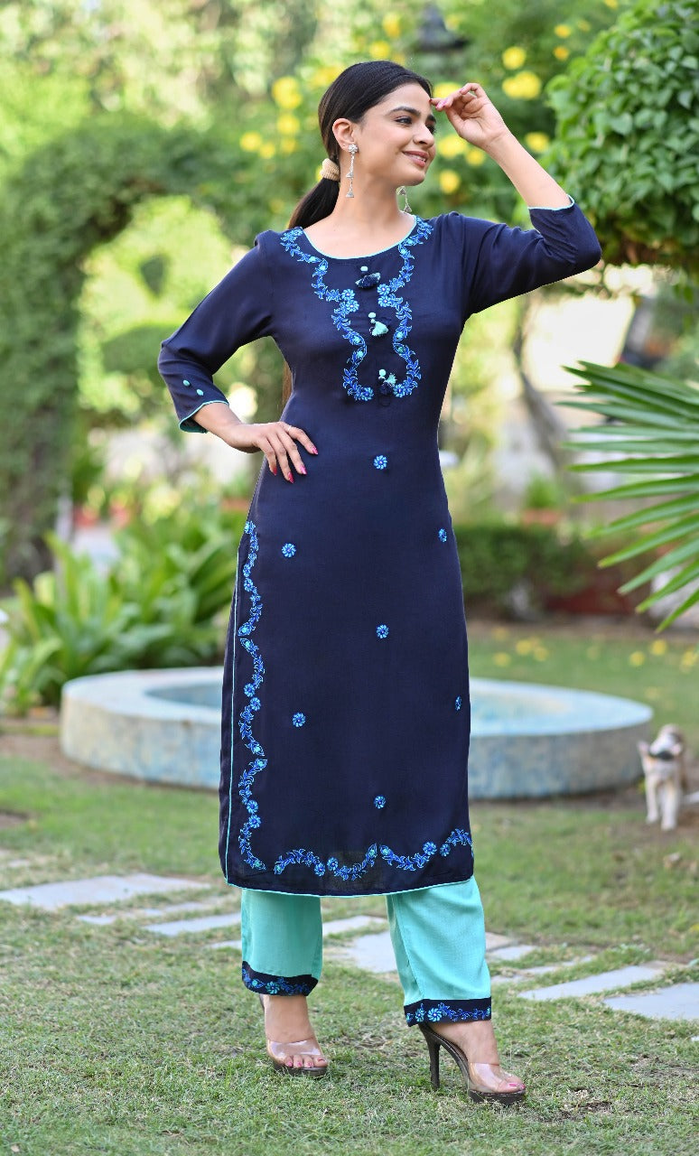 Navy Blue Embroidered Kurta Set with Turquoise Straight Pants