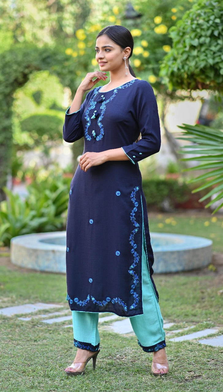 Navy Blue Embroidered Kurta Set with Turquoise Straight Pants