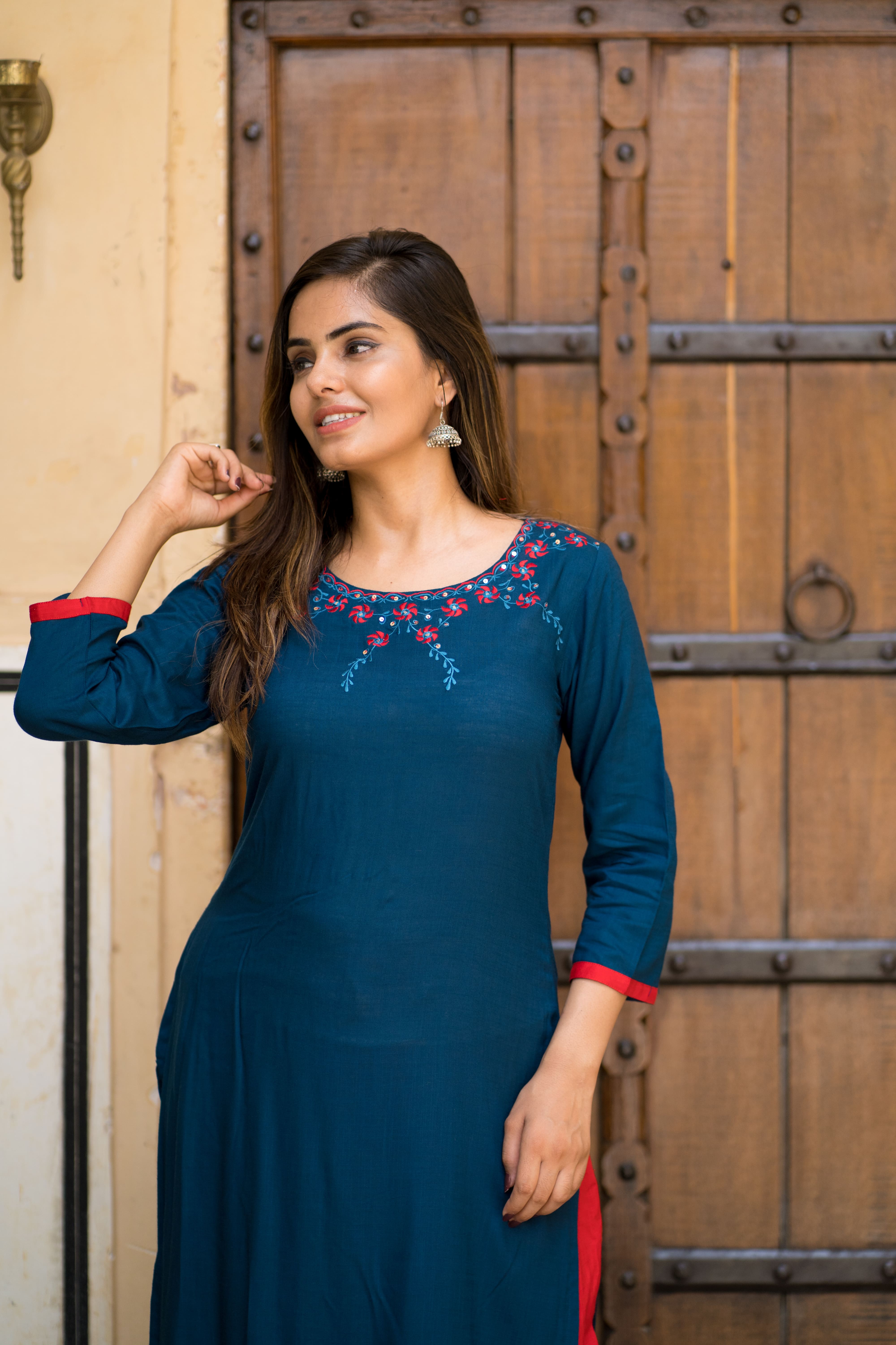 Teal Blue Embroidered Kurta Set with Red Palazzo Pants