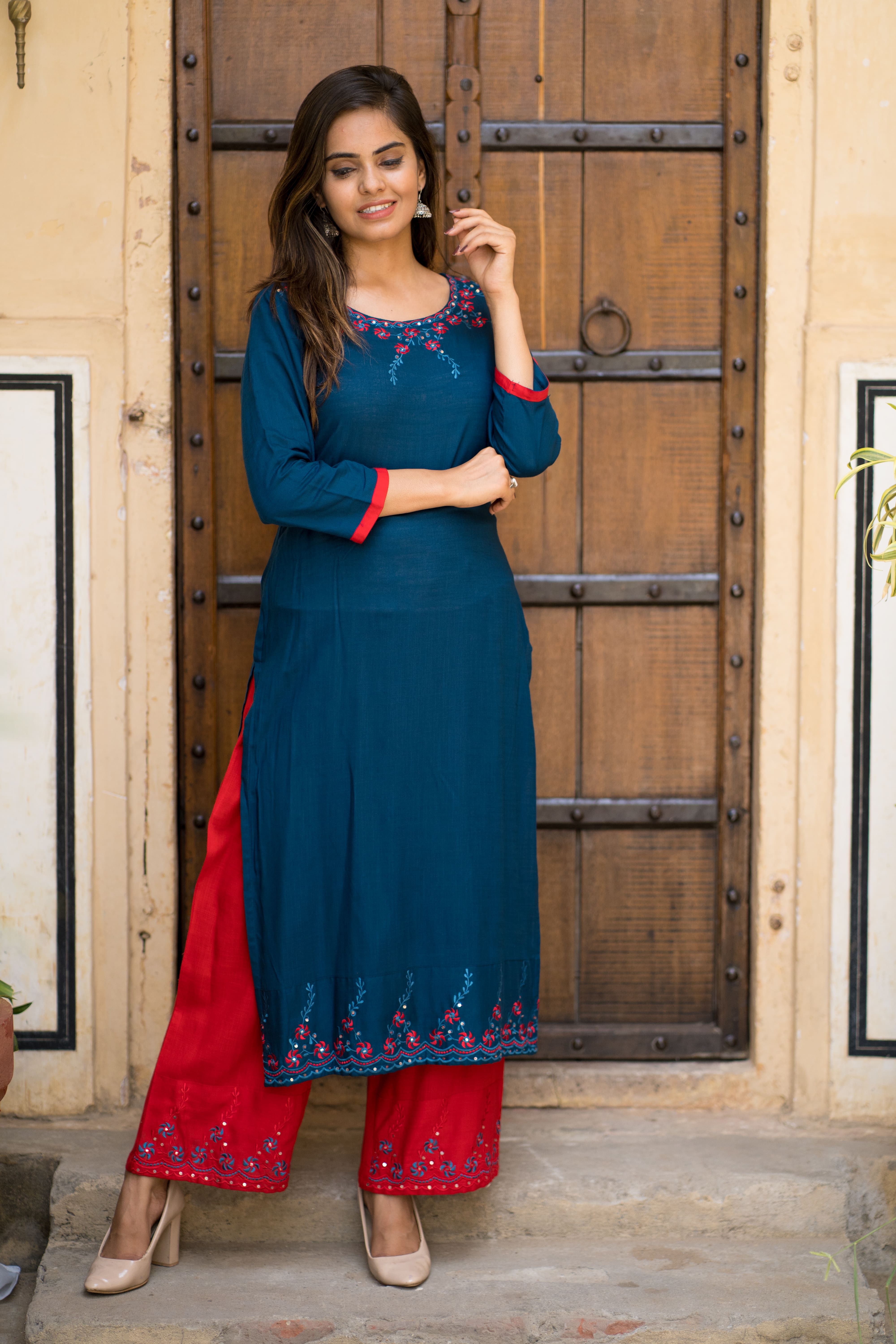 Teal Blue Embroidered Kurta Set with Red Palazzo Pants