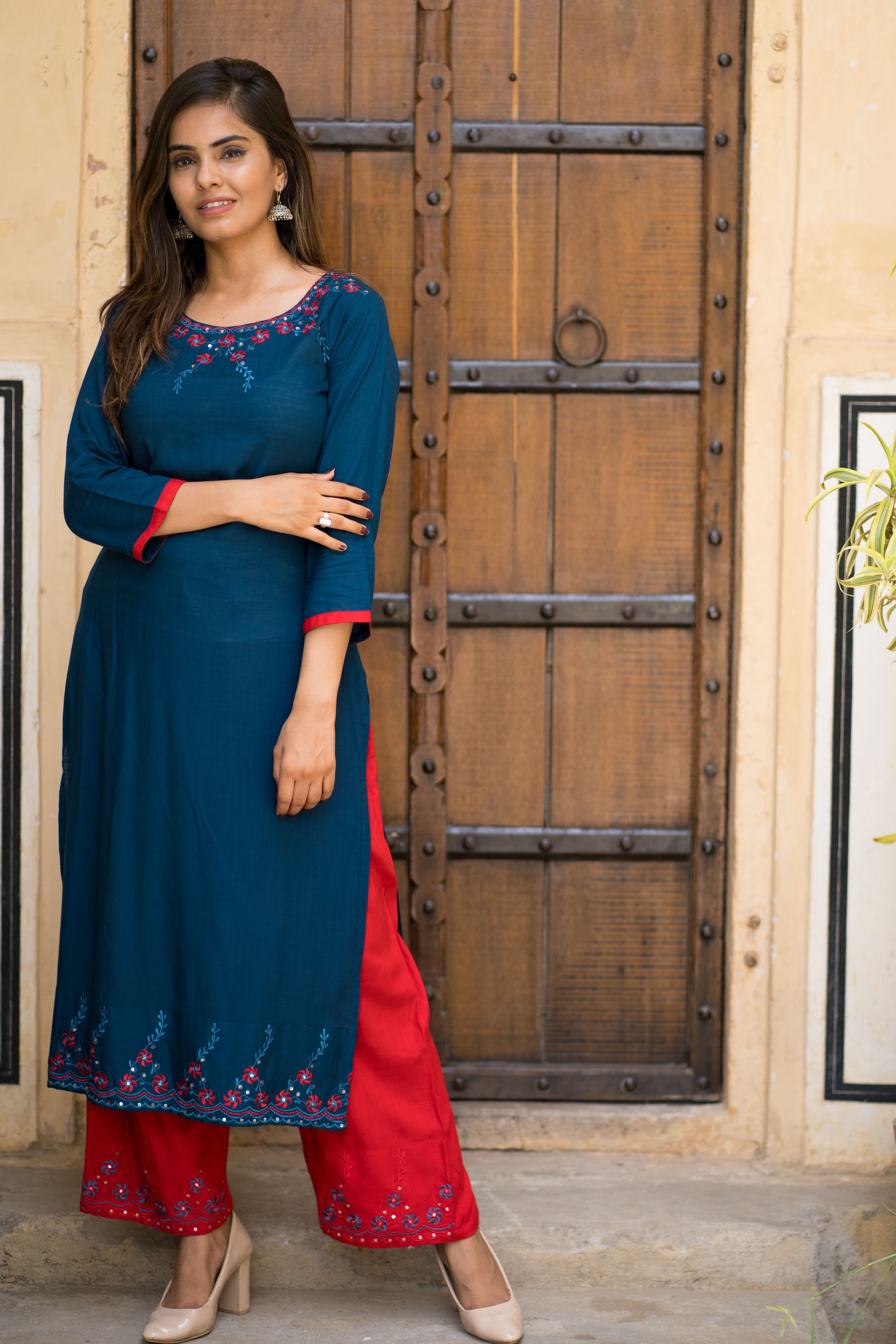 Teal Blue Embroidered Kurta Set with Red Palazzo Pants