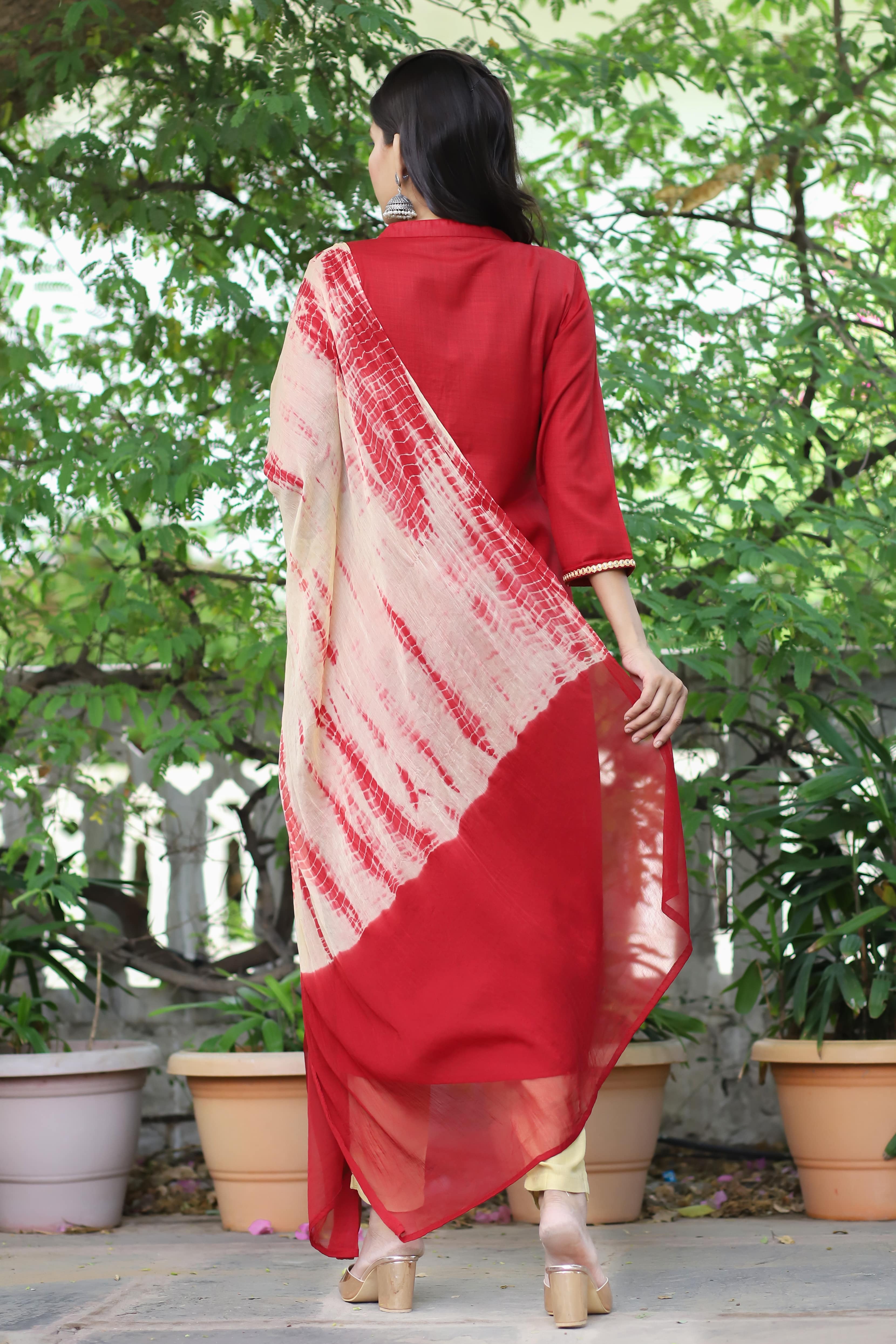 Red Embroidered Kurta Set with Beige Pants & Tie-Dye Dupatta