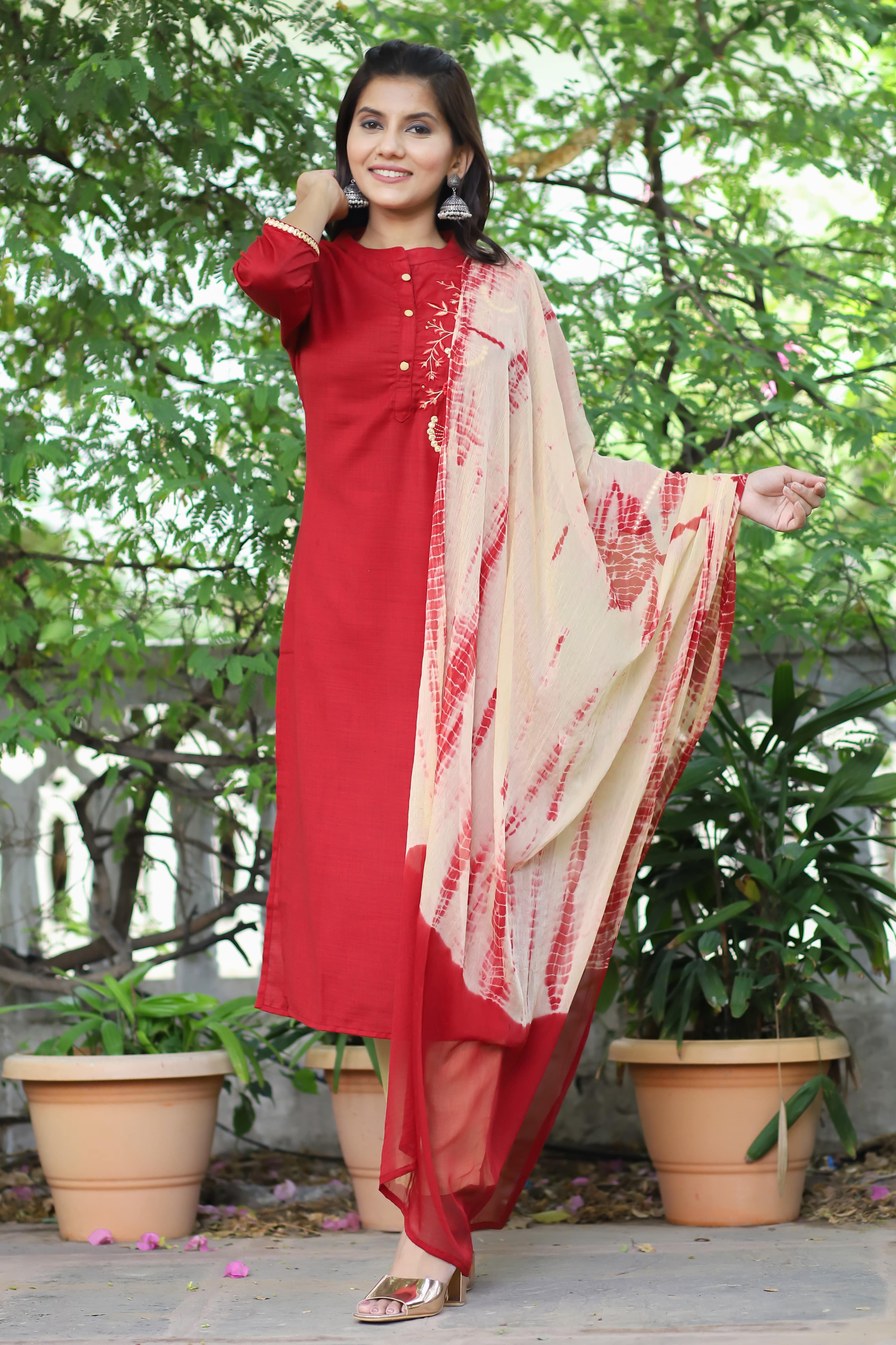 Red Embroidered Kurta Set with Beige Pants & Tie-Dye Dupatta