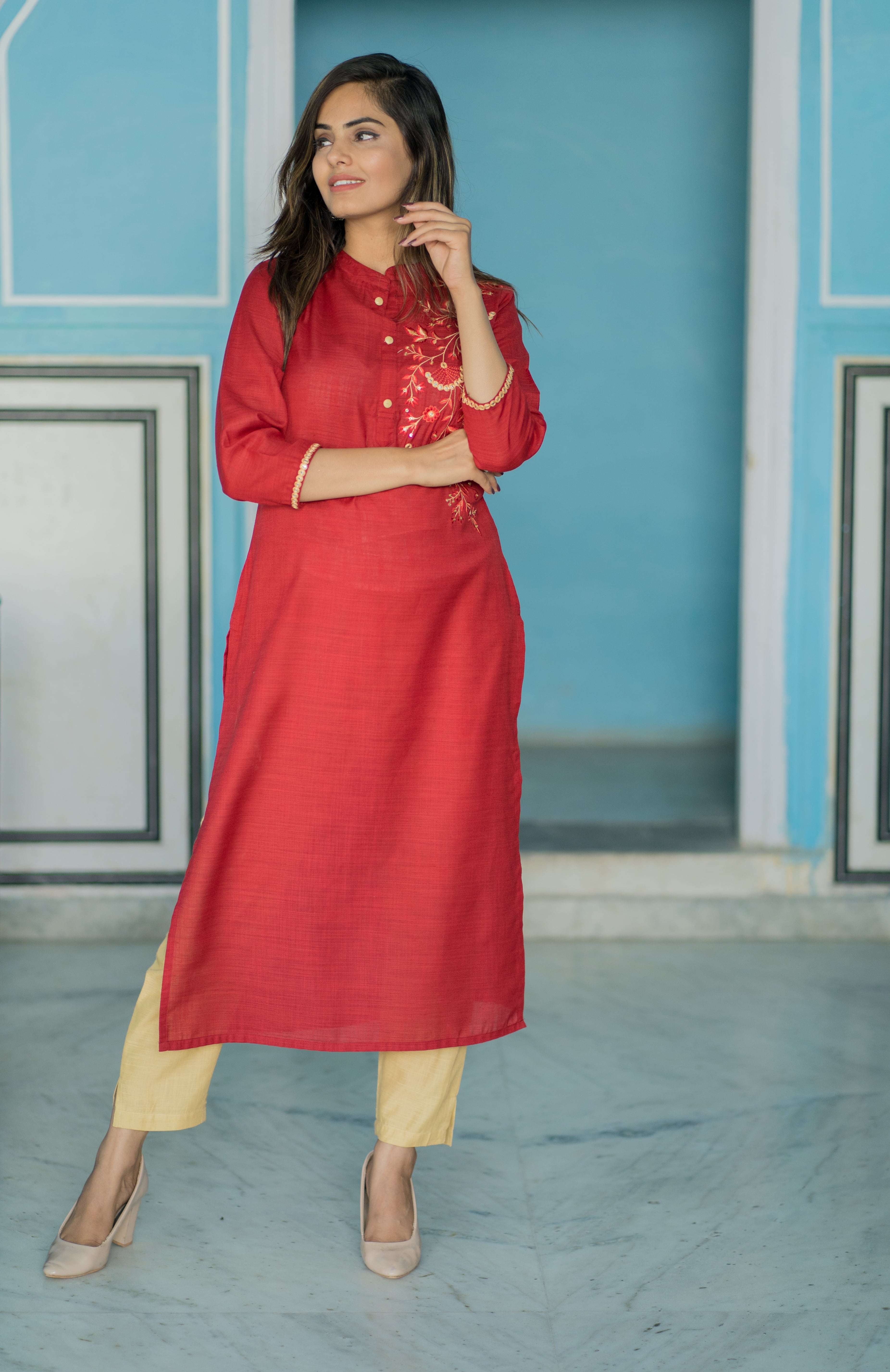 Red Embroidered Kurta Set with Beige Pants & Tie-Dye Dupatta