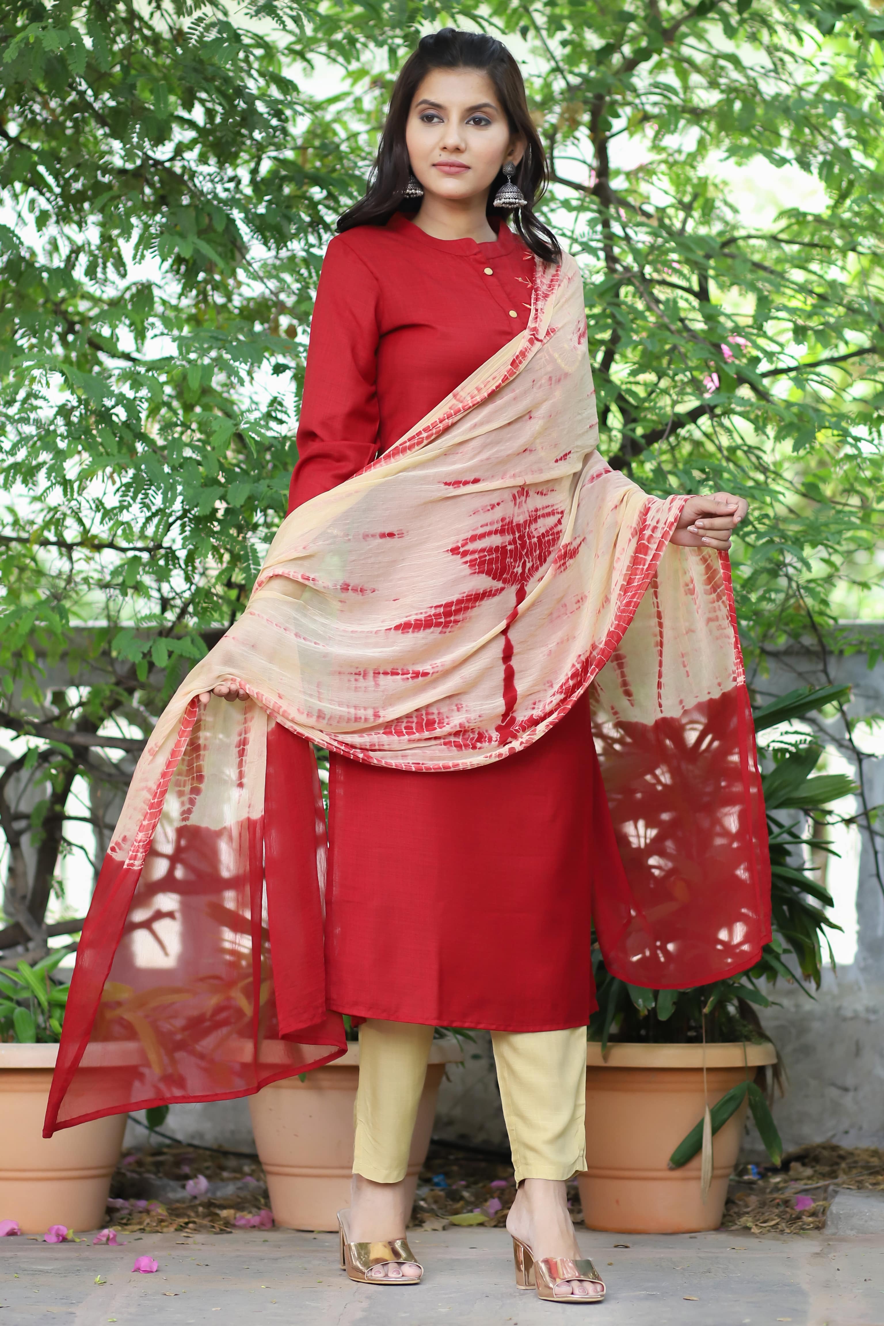 Red Embroidered Kurta Set with Beige Pants & Tie-Dye Dupatta