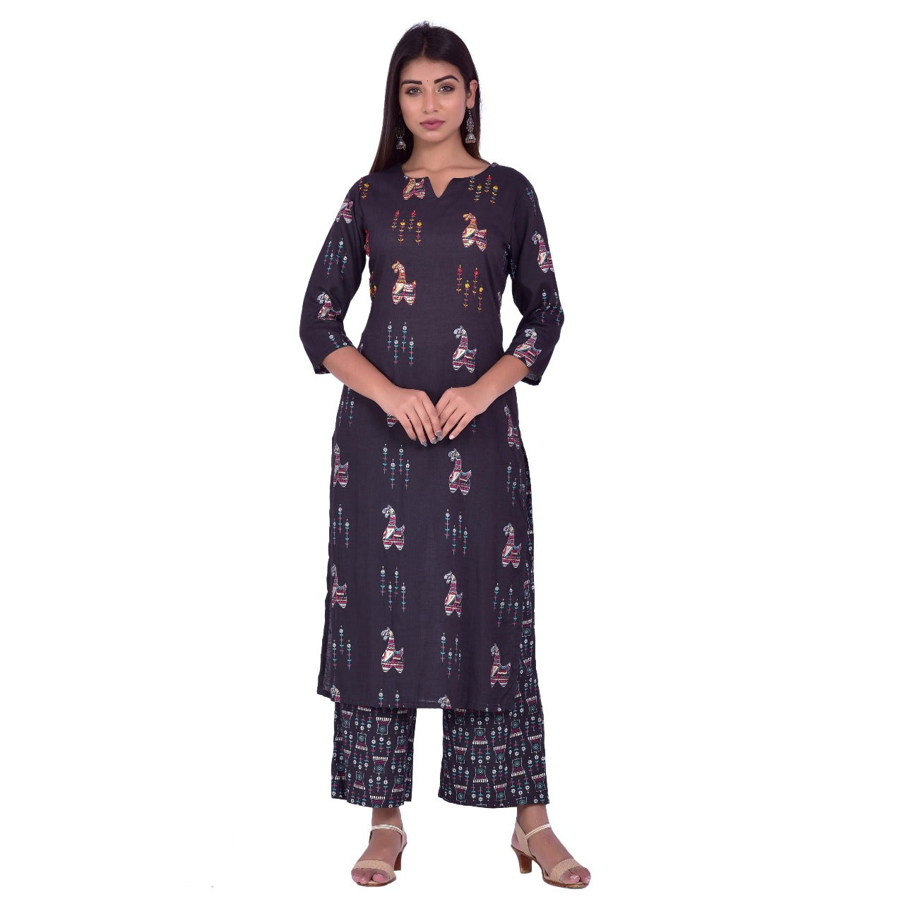 Black Printed Straight Kurta with Matching Palazzos