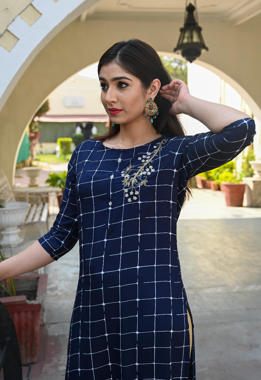 Navy Blue Checkered Straight Kurta with Embellished Detailing
