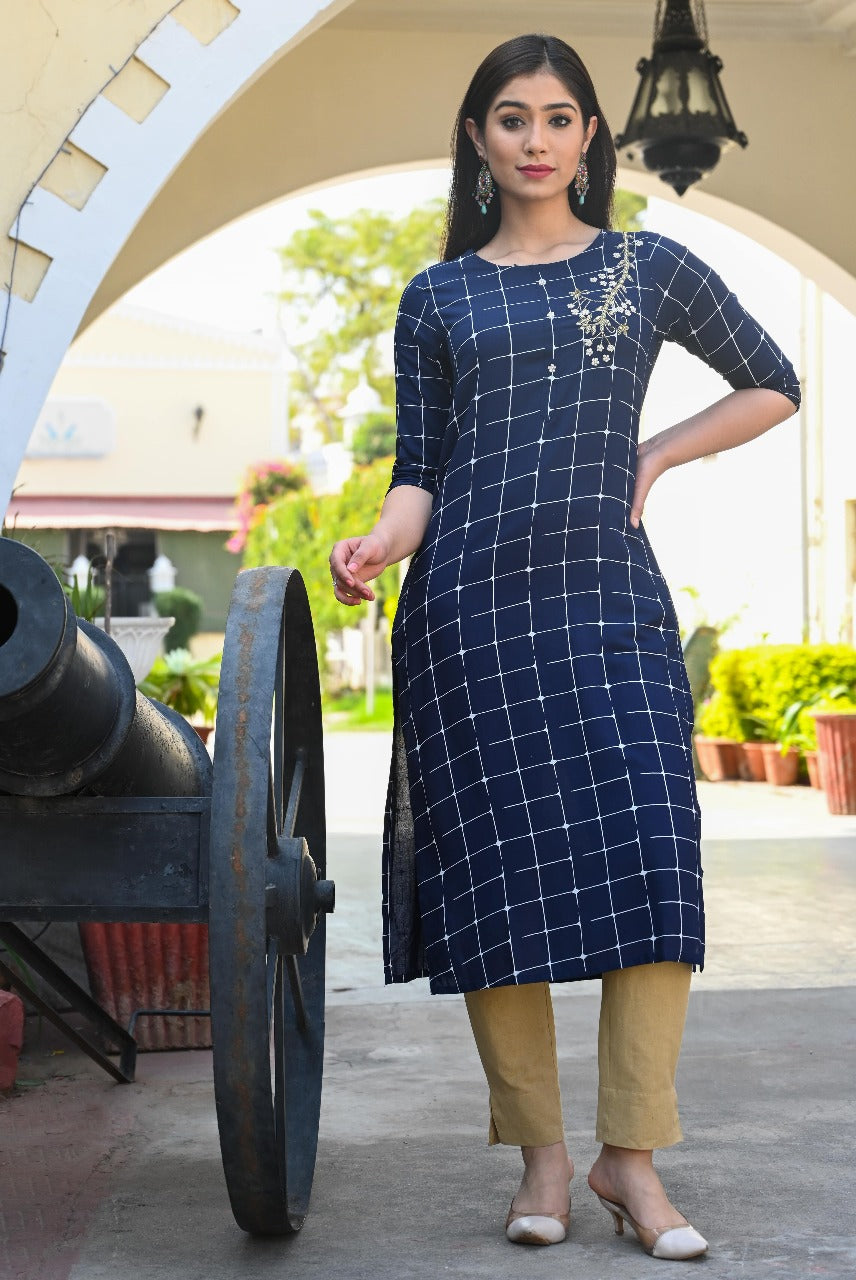 Navy Blue Checkered Straight Kurta with Embellished Detailing