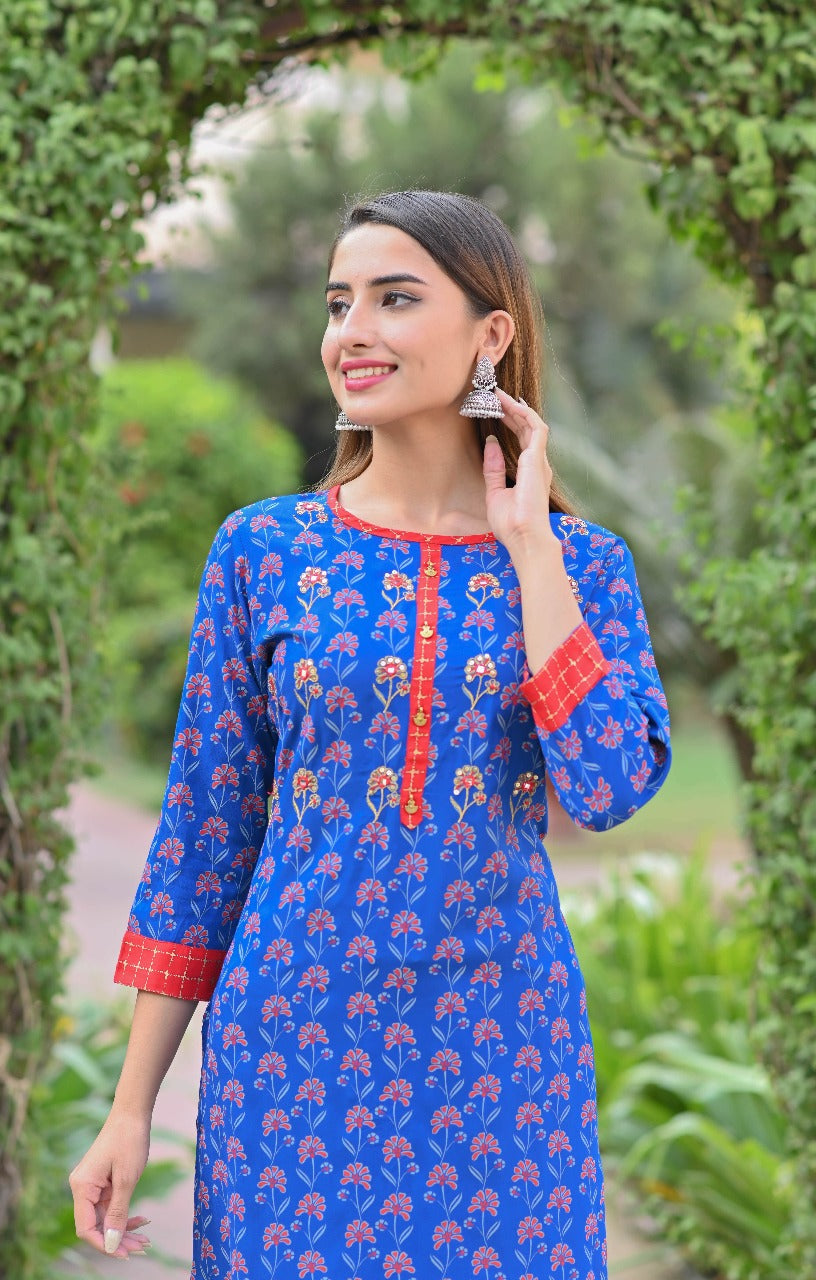 Blue & Red Floral Printed Rayon Kurta Set
