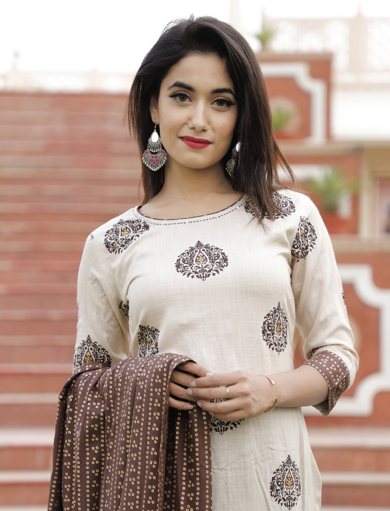 Beige Printed Ethnic Kurta Set with Printed Dupatta