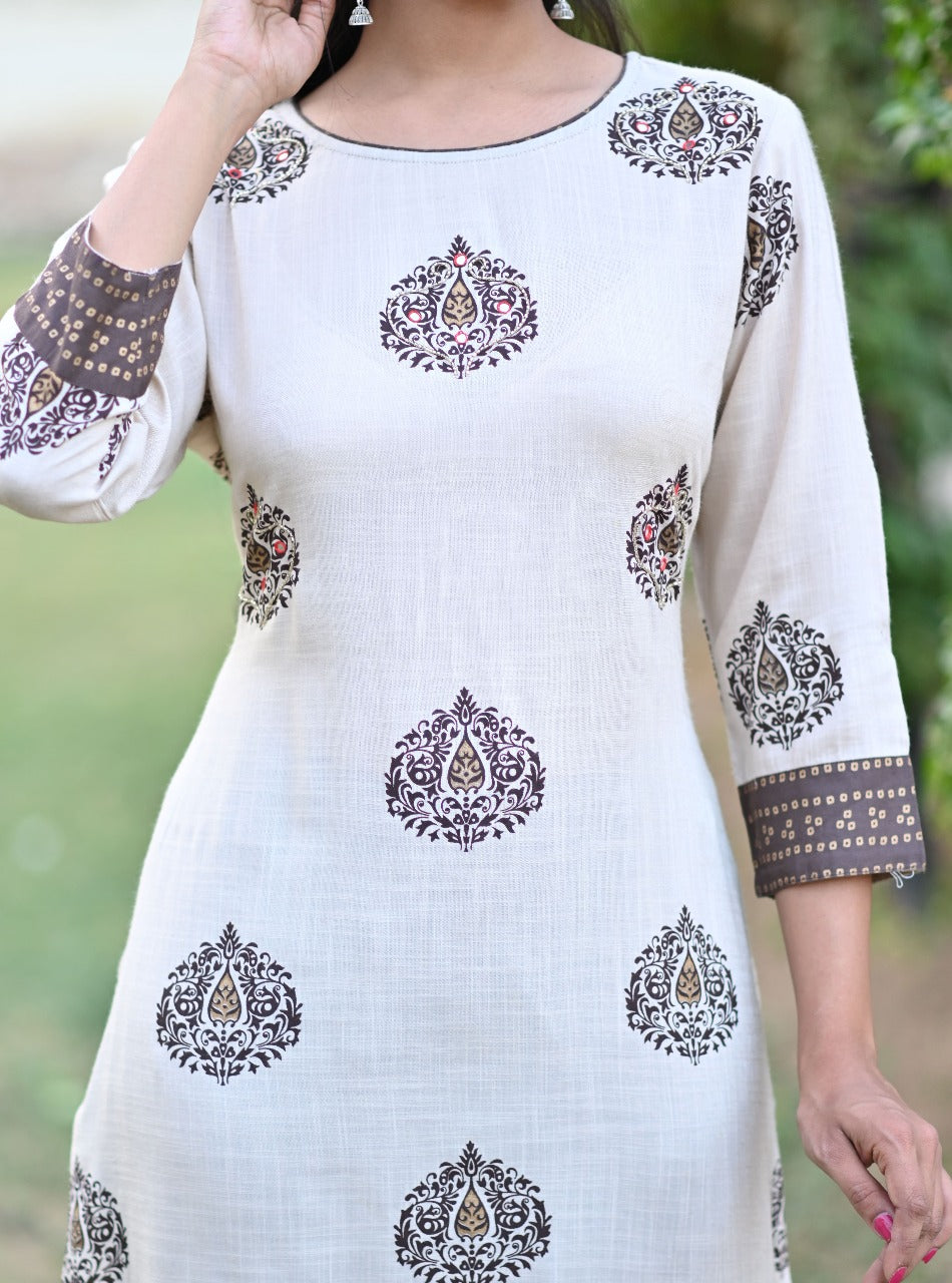 Beige Printed Ethnic Kurta Set with Printed Dupatta