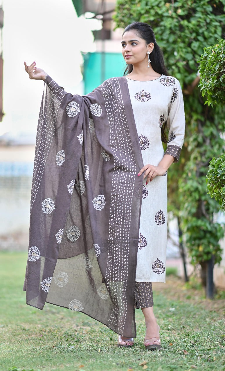 Beige Printed Ethnic Kurta Set with Printed Dupatta