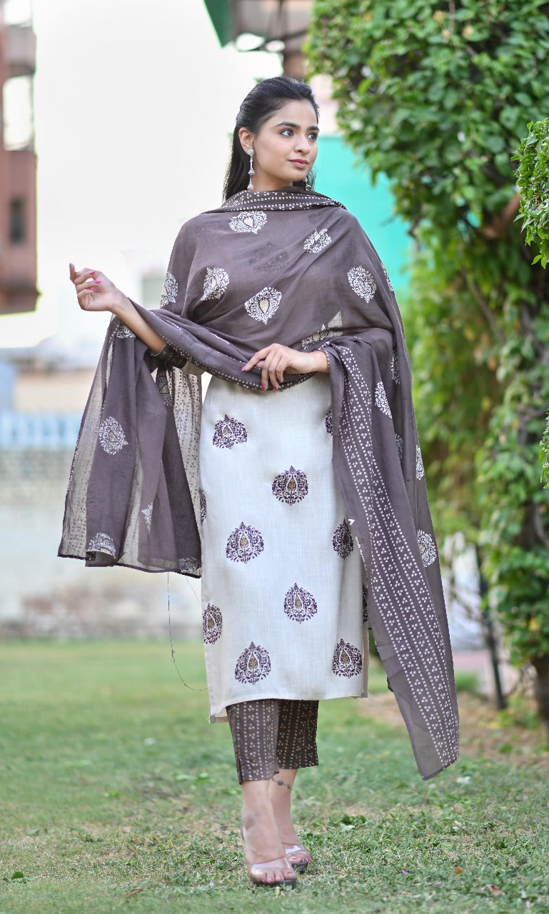 Beige Printed Ethnic Kurta Set with Printed Dupatta