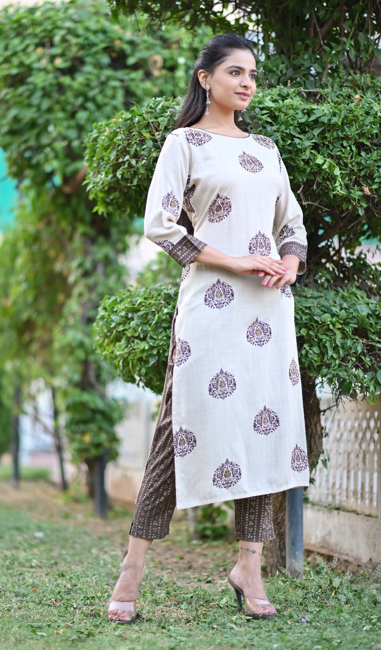 Beige Printed Ethnic Kurta Set with Printed Dupatta
