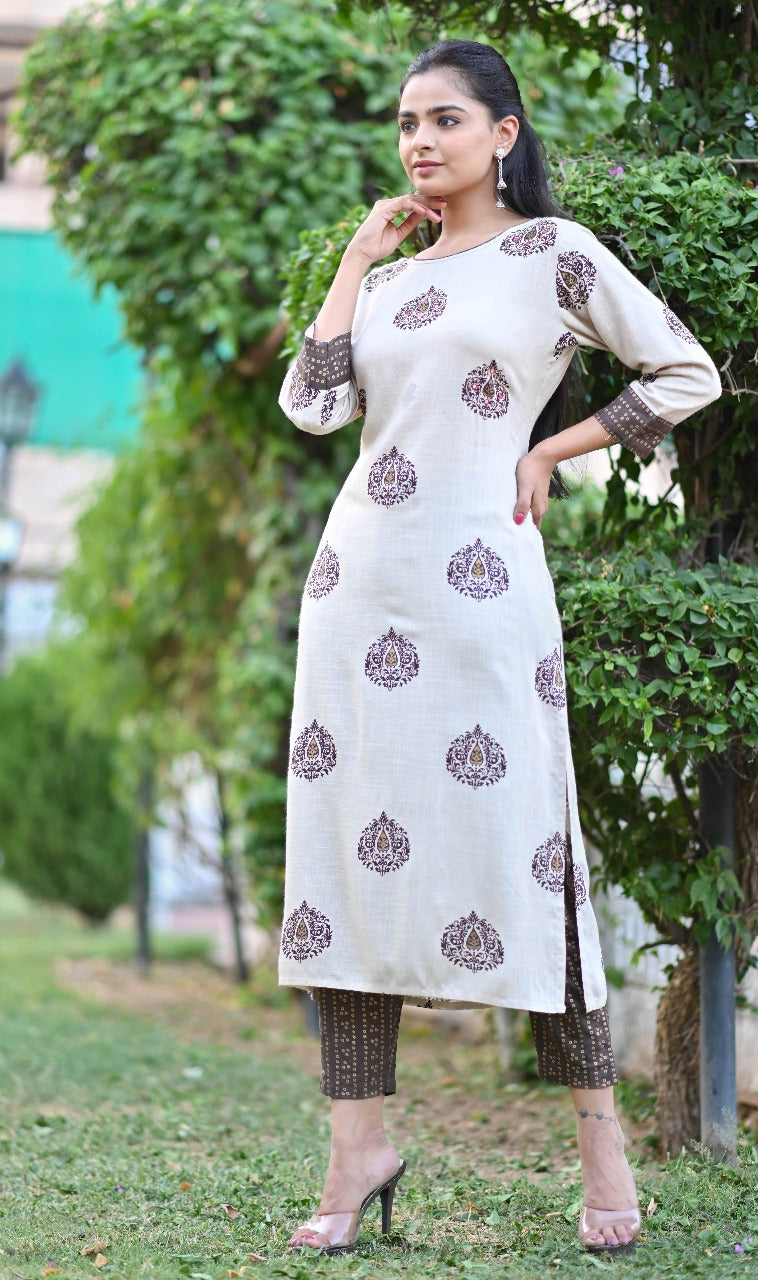 Beige Printed Ethnic Kurta Set with Printed Dupatta