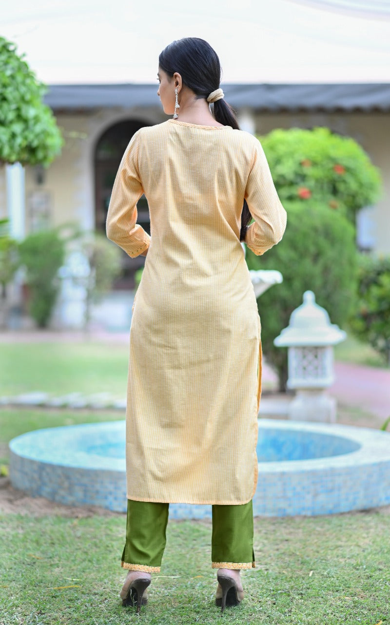Elegant Mustard & Olive Green Embroidered Cotton Kurta Set