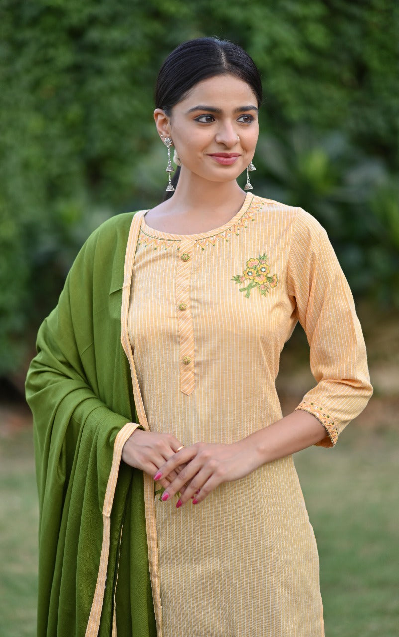 Elegant Mustard & Olive Green Embroidered Cotton Kurta Set