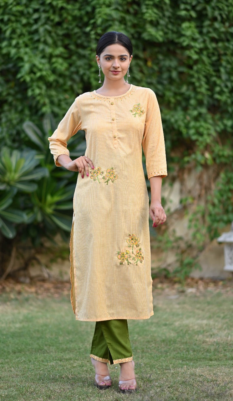 Elegant Mustard & Olive Green Embroidered Cotton Kurta Set