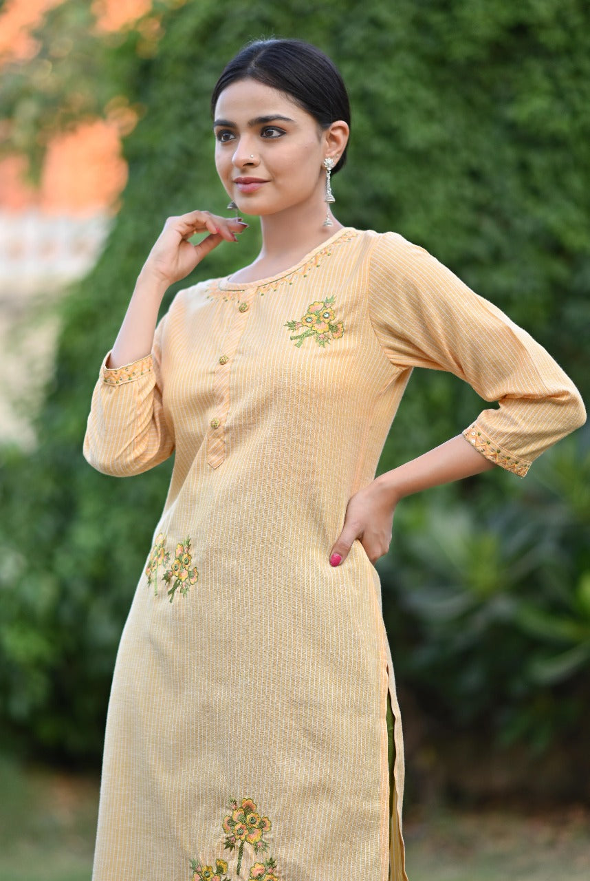 Elegant Mustard & Olive Green Embroidered Cotton Kurta Set