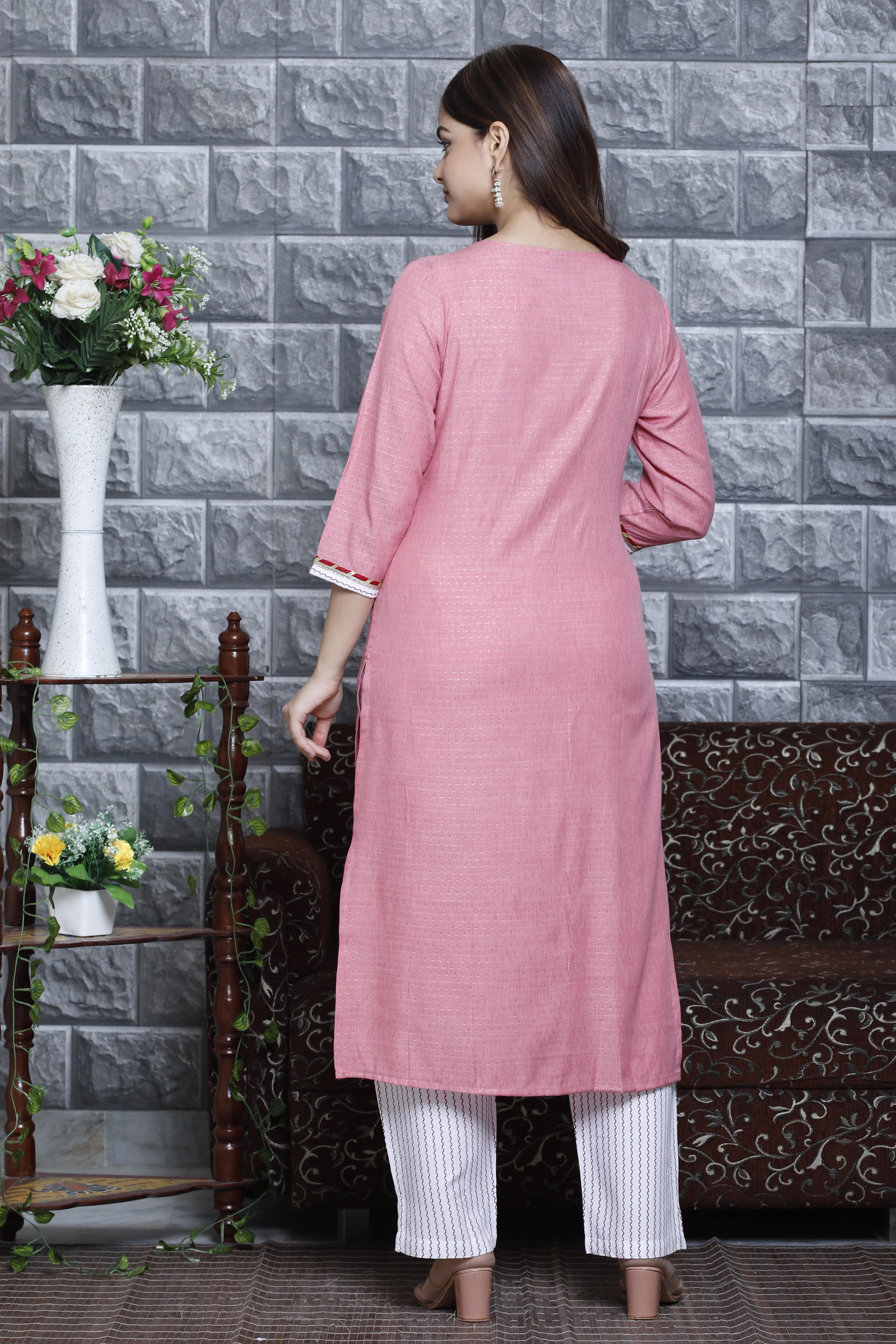 Pink Straight Kurta Set with White Dupatta and Printed Pants