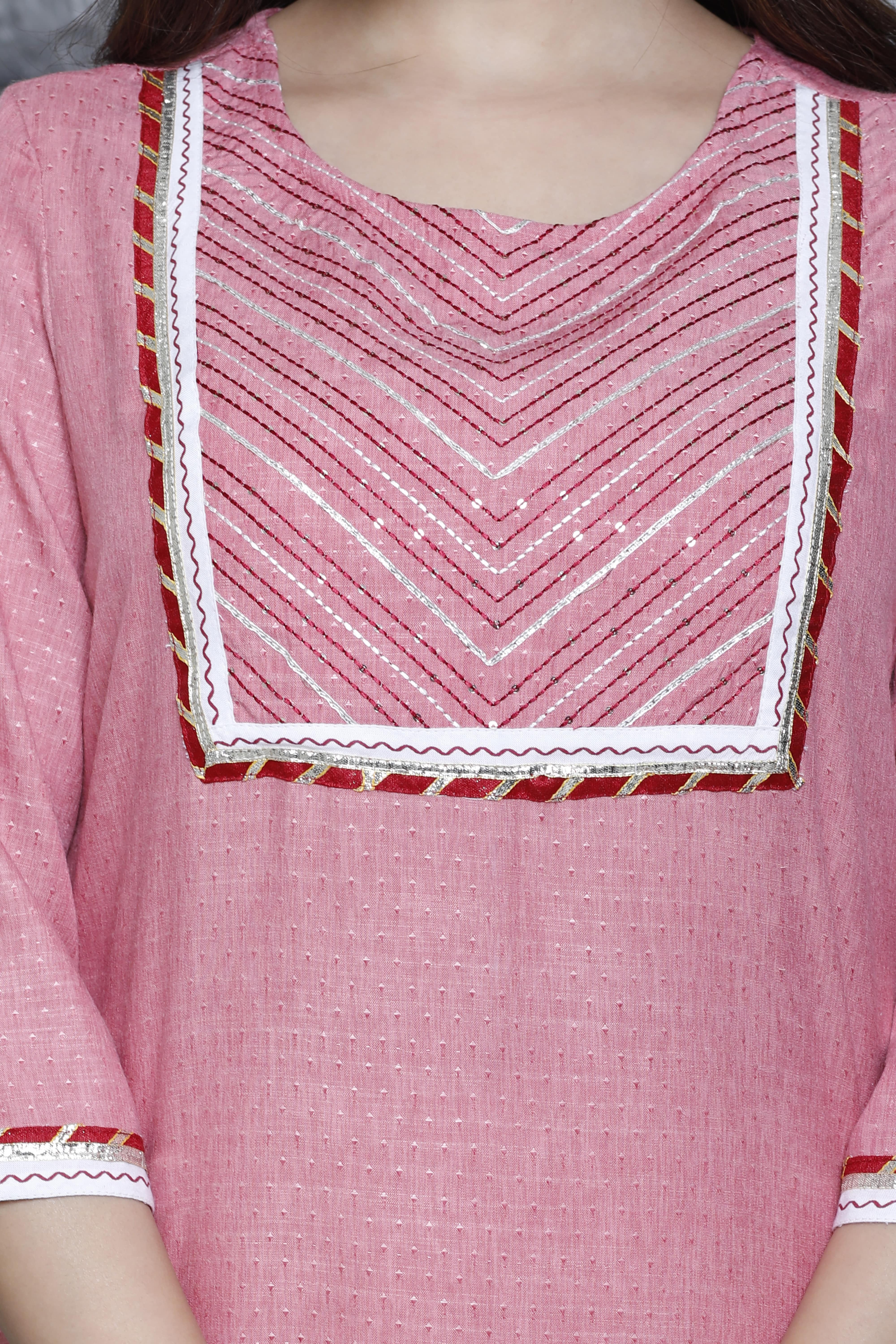 Pink Straight Kurta Set with White Dupatta and Printed Pants