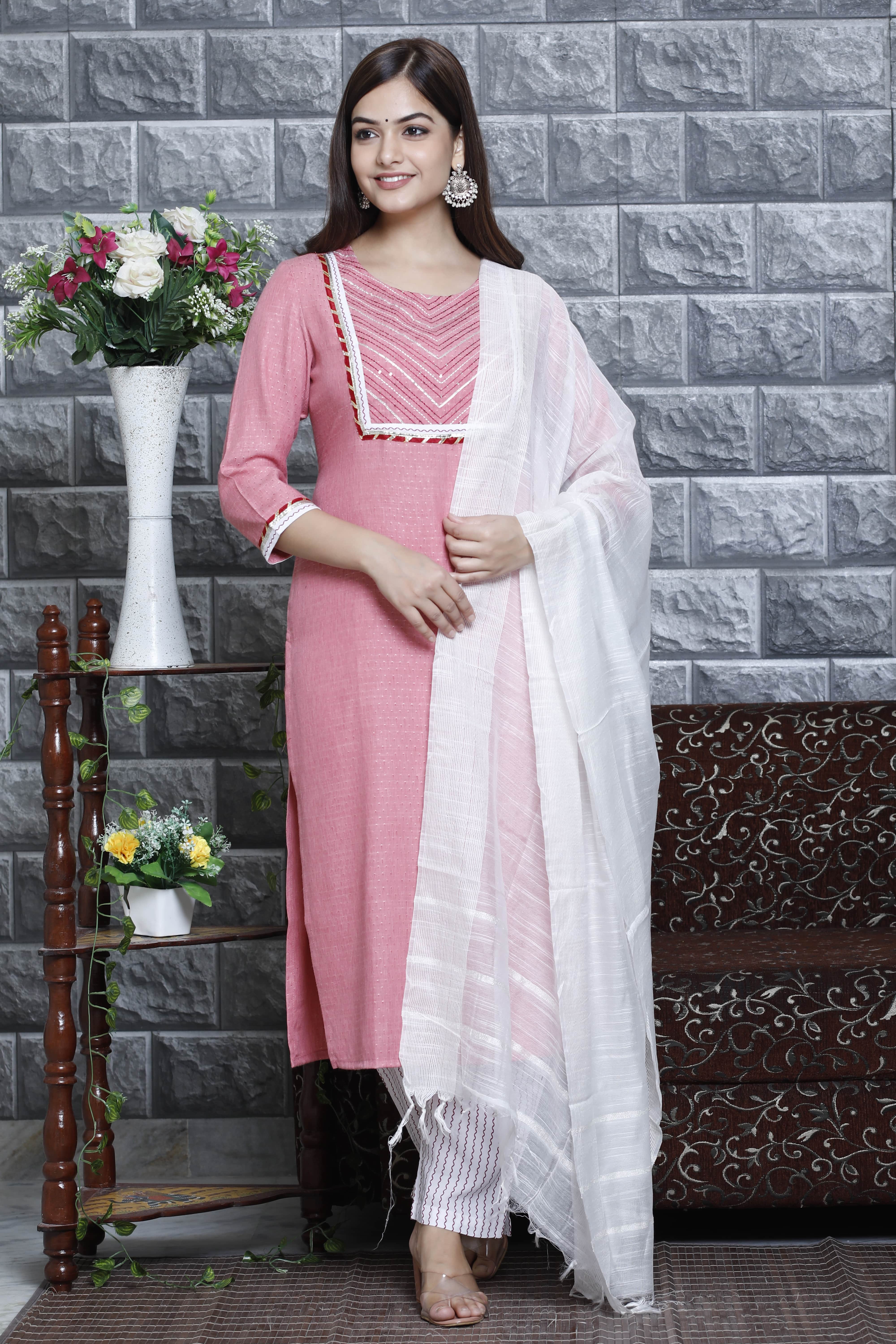 Pink Straight Kurta Set with White Dupatta and Printed Pants
