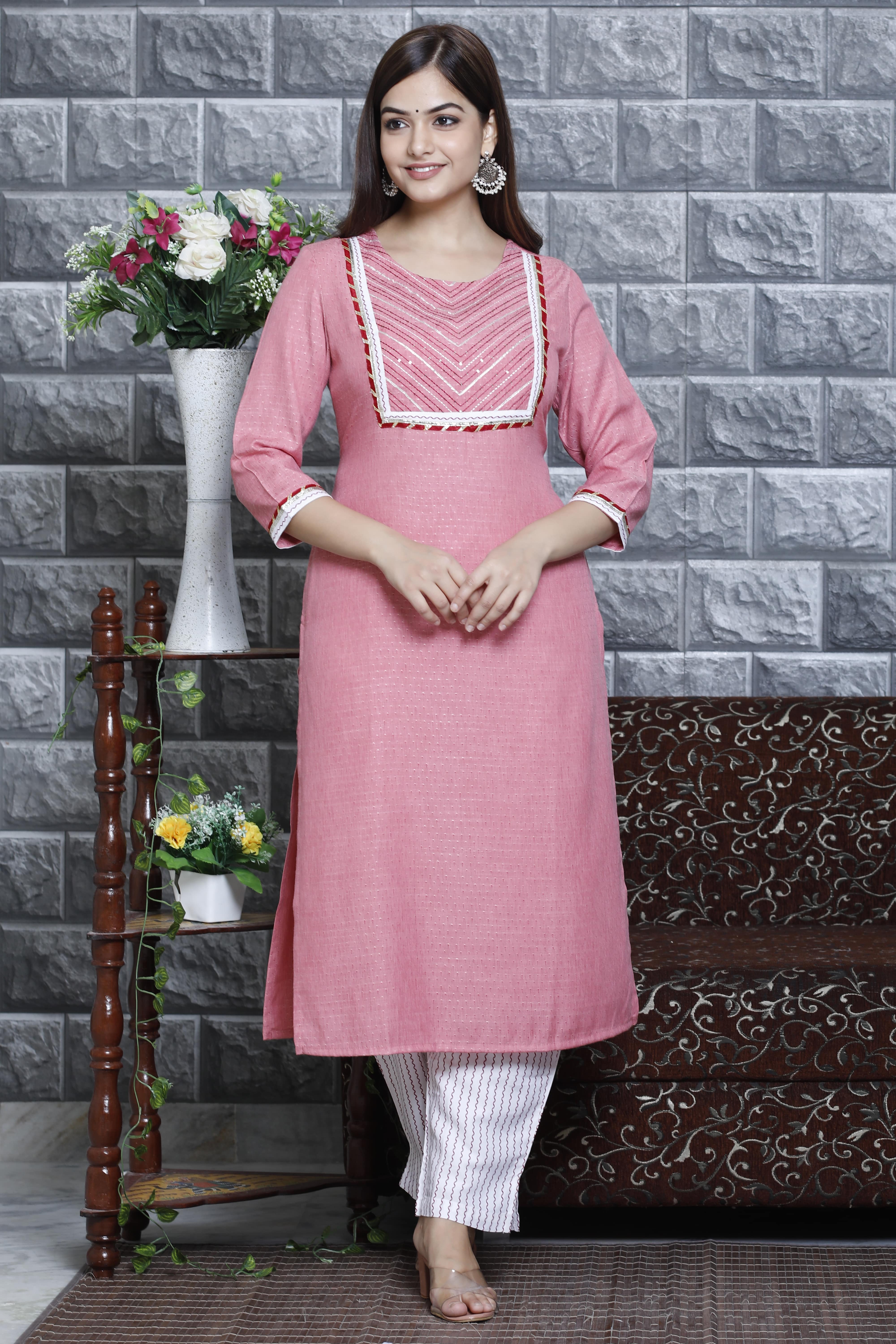 Pink Straight Kurta Set with White Dupatta and Printed Pants