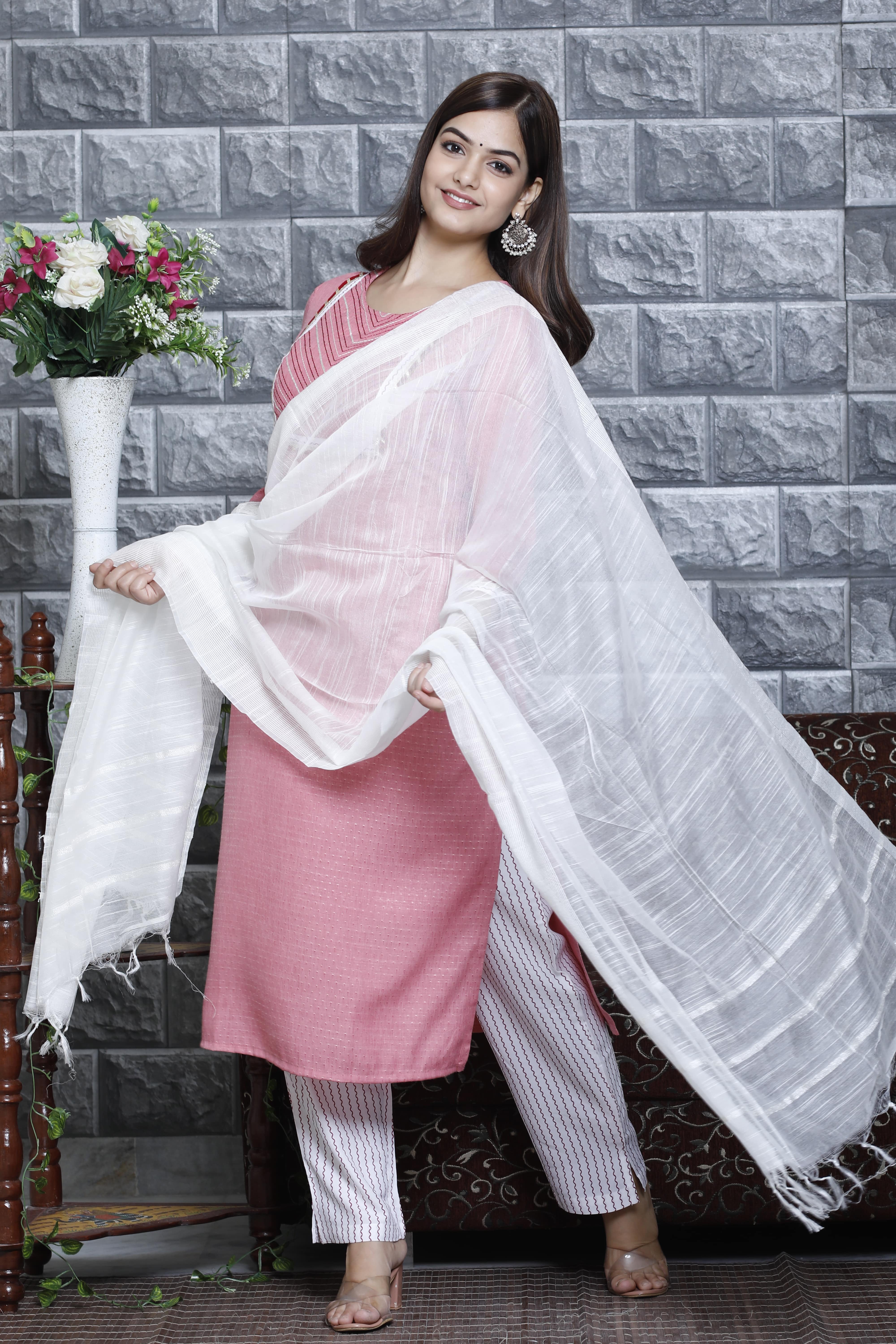 Pink Straight Kurta Set with White Dupatta and Printed Pants