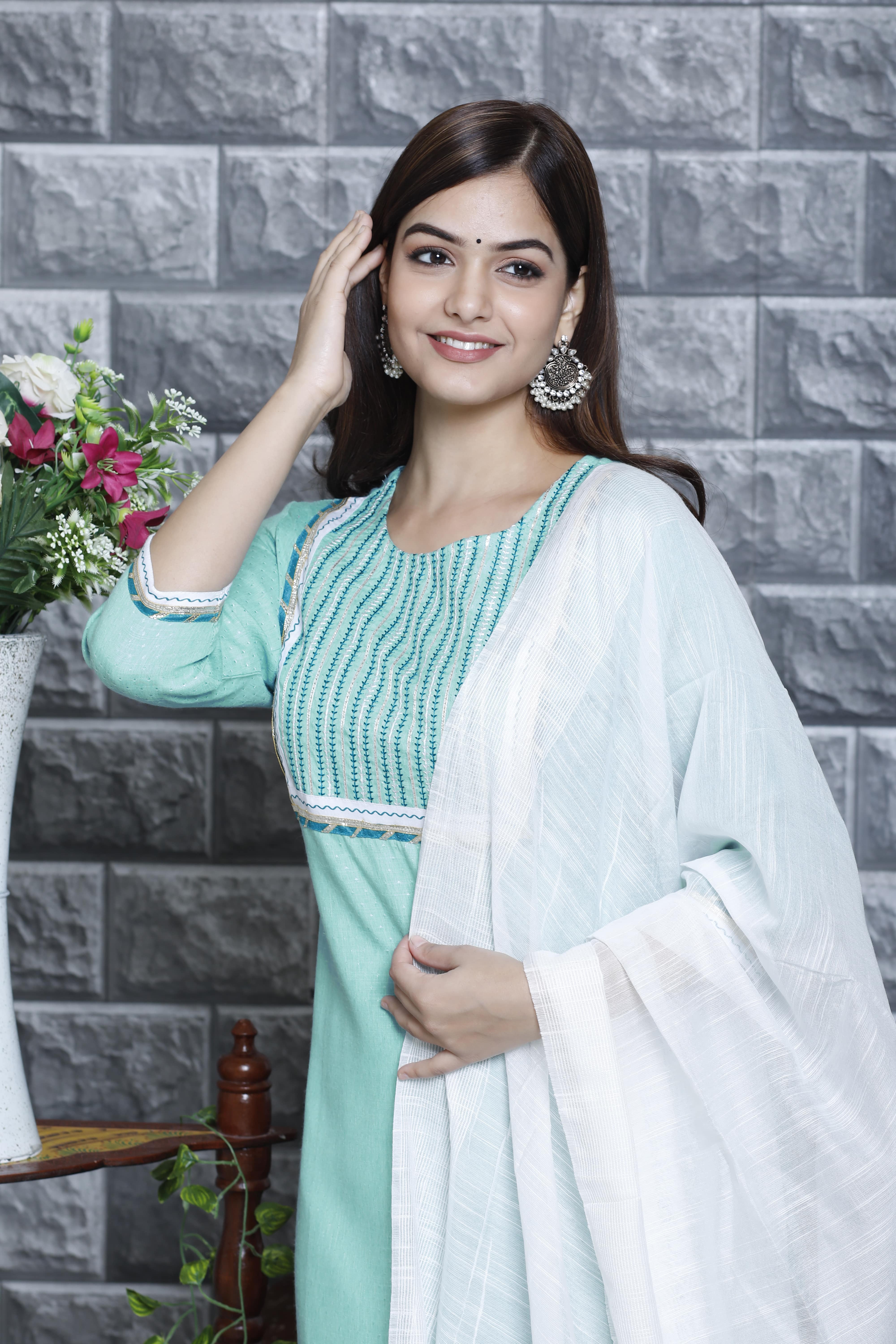 Elegant Aqua Green Kurta Set with White Dupatta