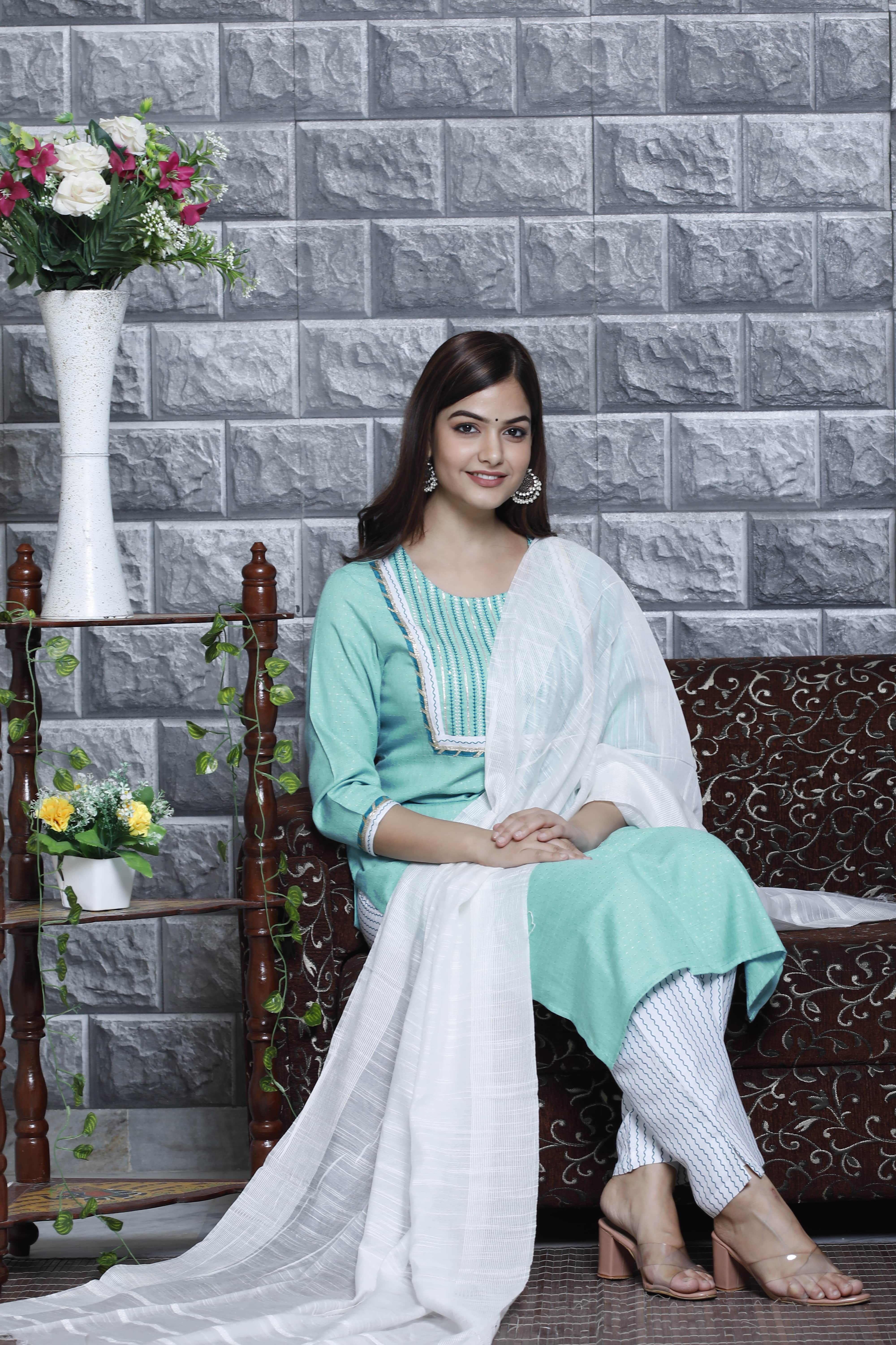 Elegant Aqua Green Kurta Set with White Dupatta