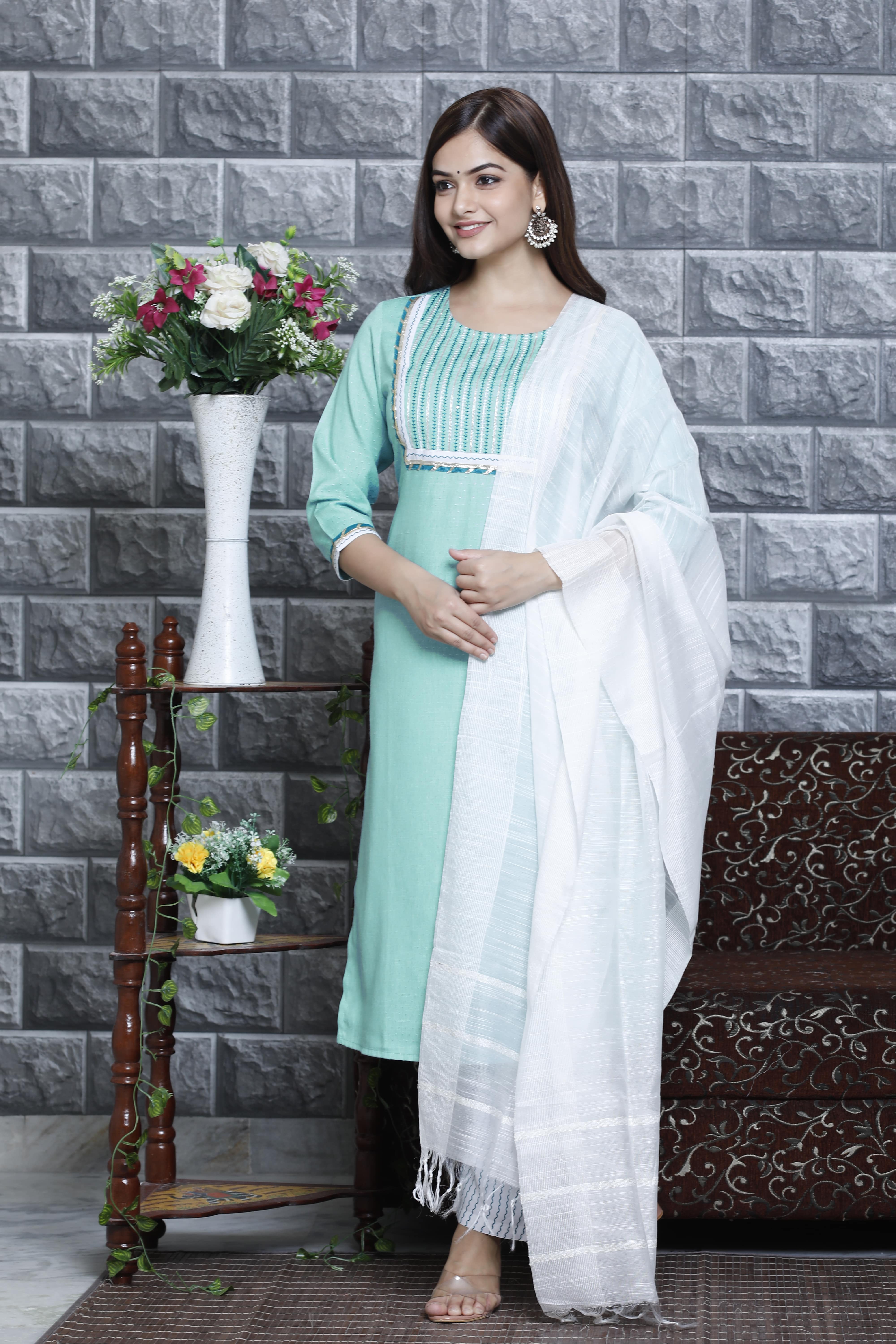 Elegant Aqua Green Kurta Set with White Dupatta