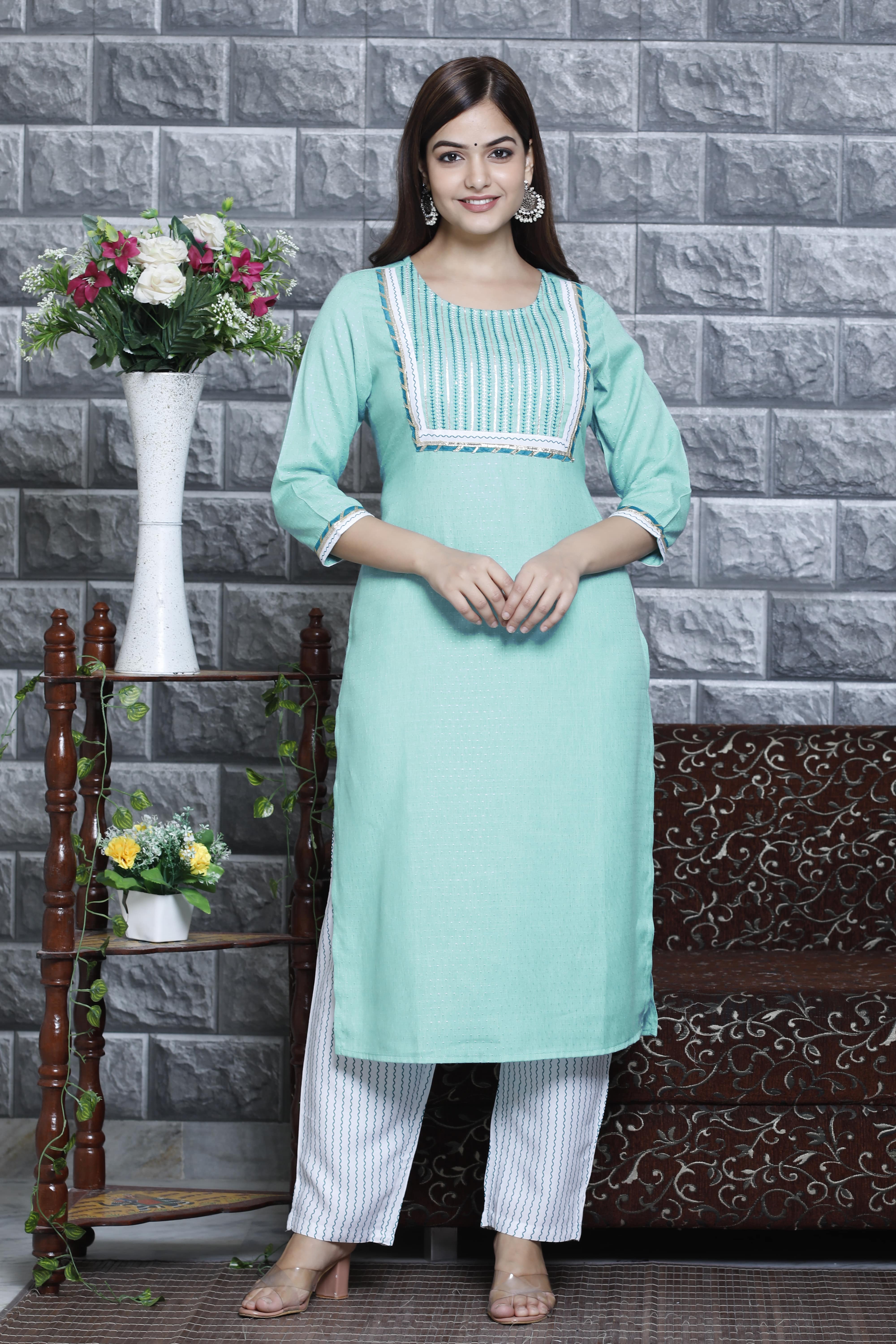 Elegant Aqua Green Kurta Set with White Dupatta