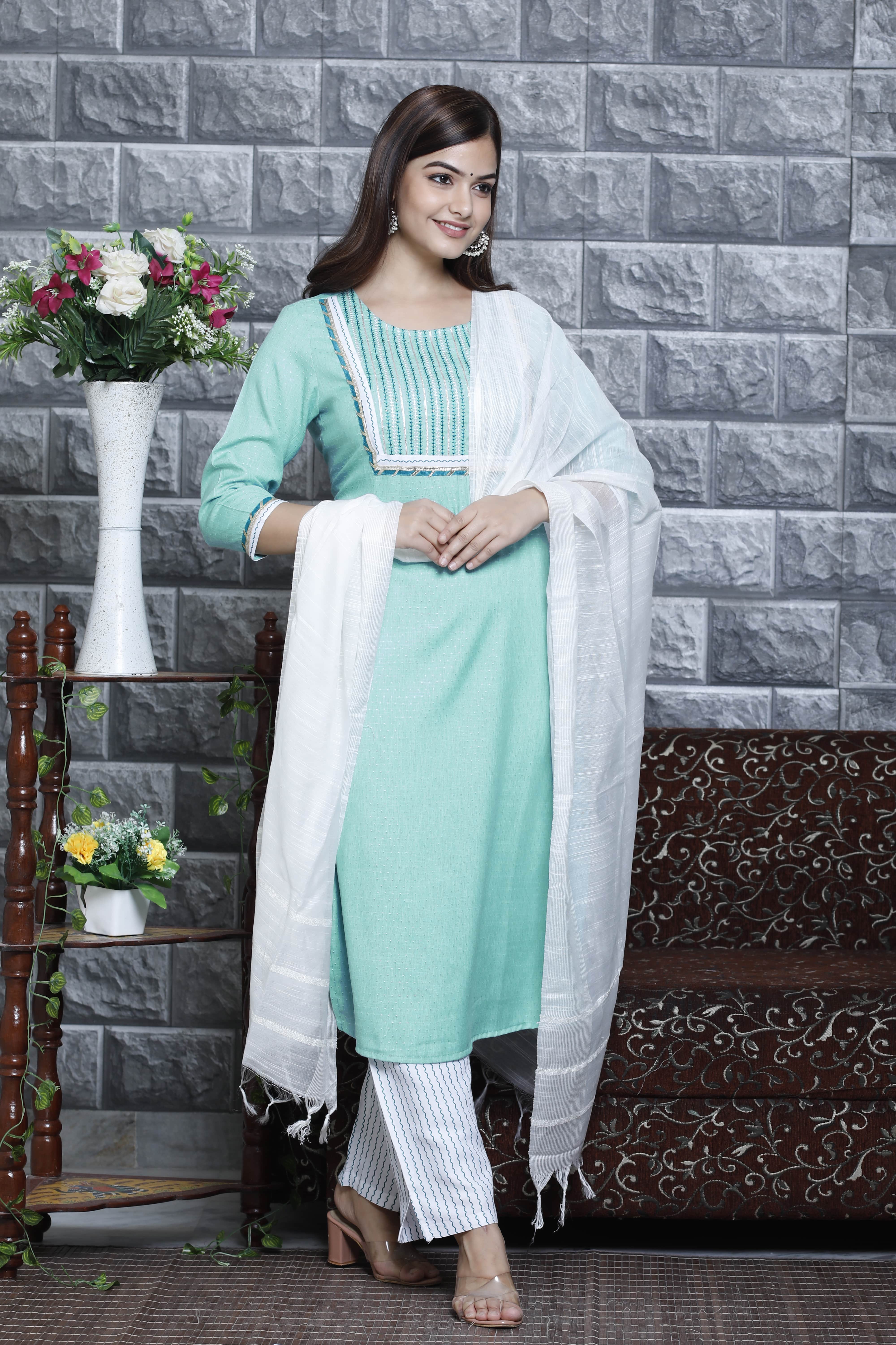 Elegant Aqua Green Kurta Set with White Dupatta