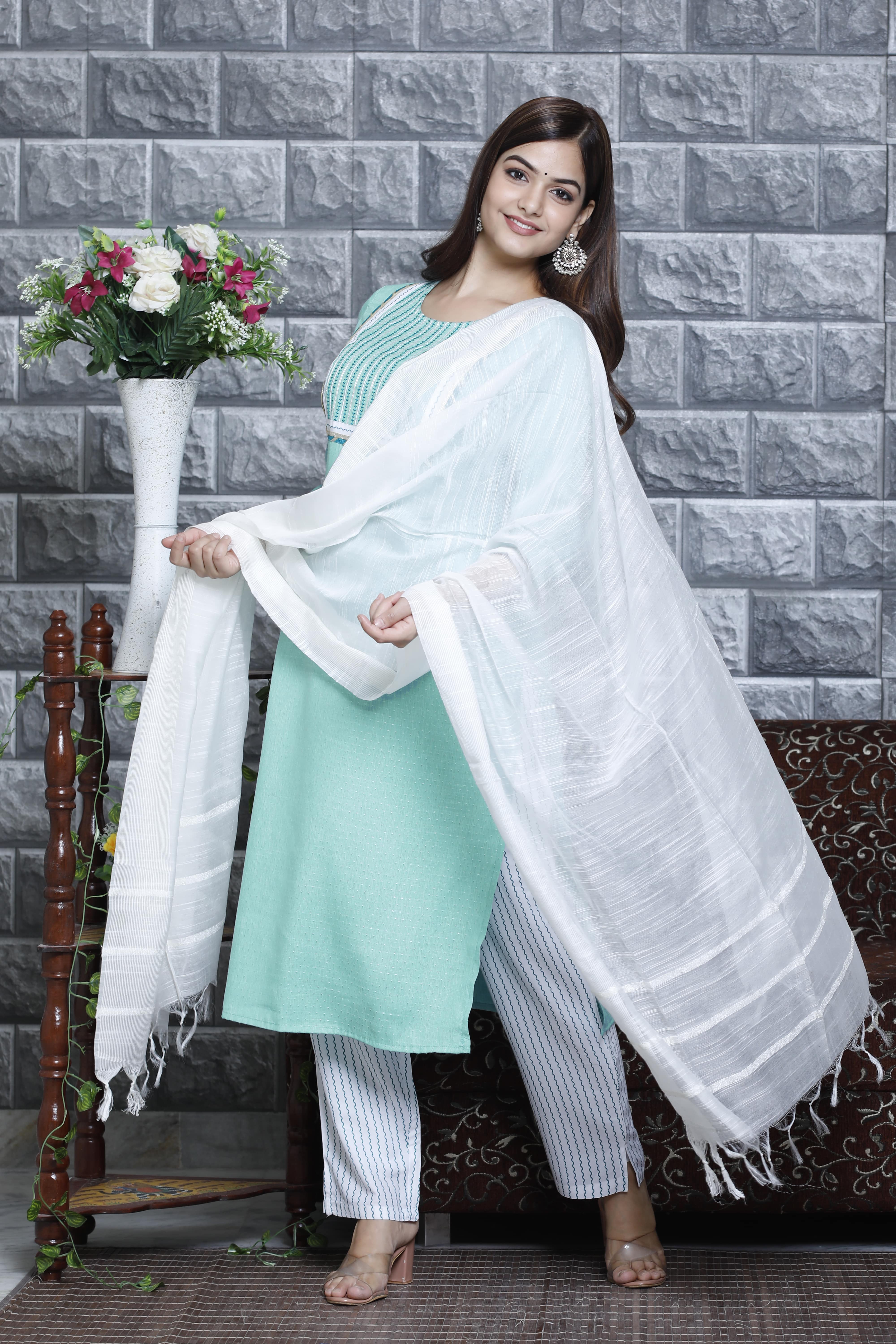 Elegant Aqua Green Kurta Set with White Dupatta