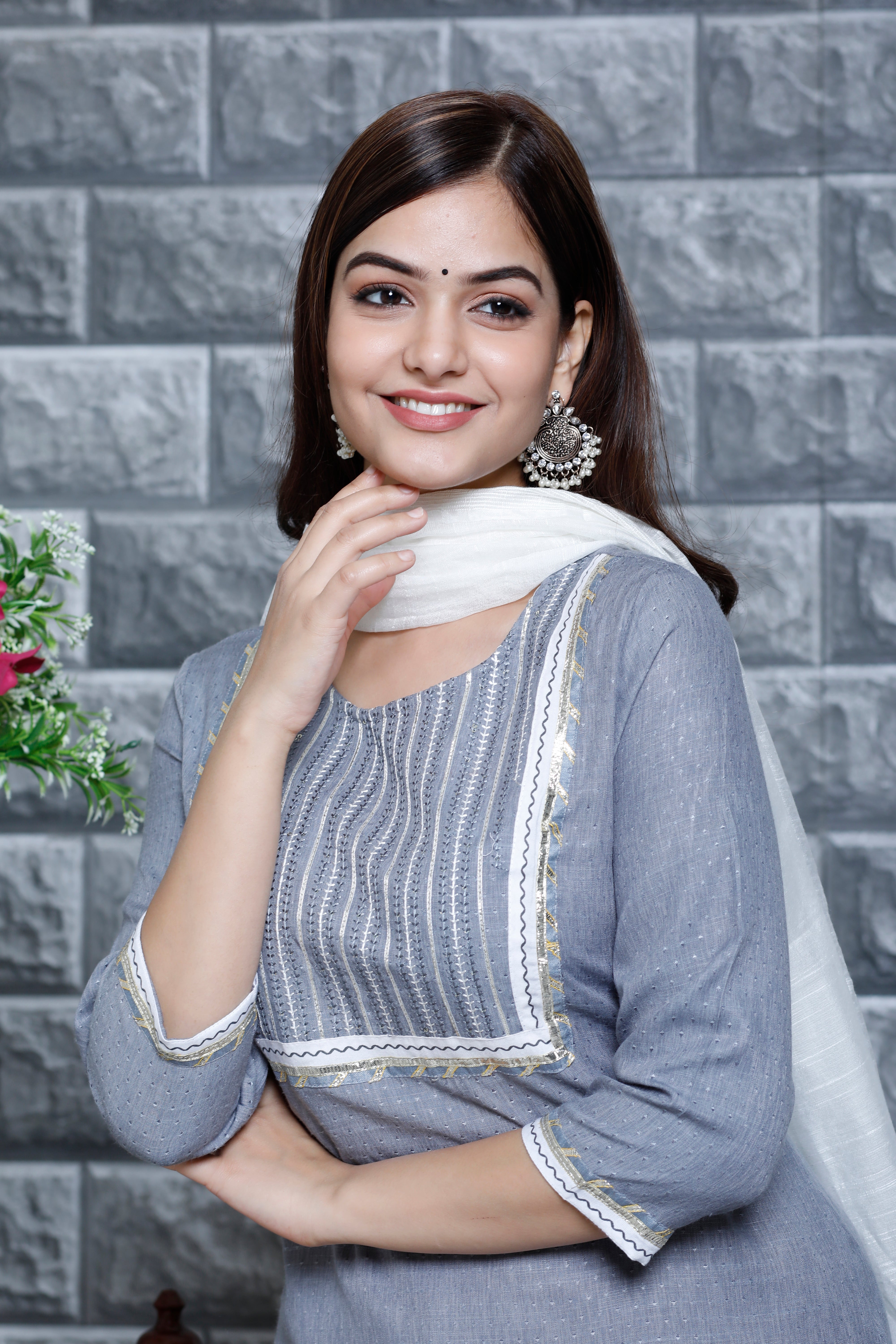 Moonlight Mist –Embroidered Kurta Set with Pant & Dupatta