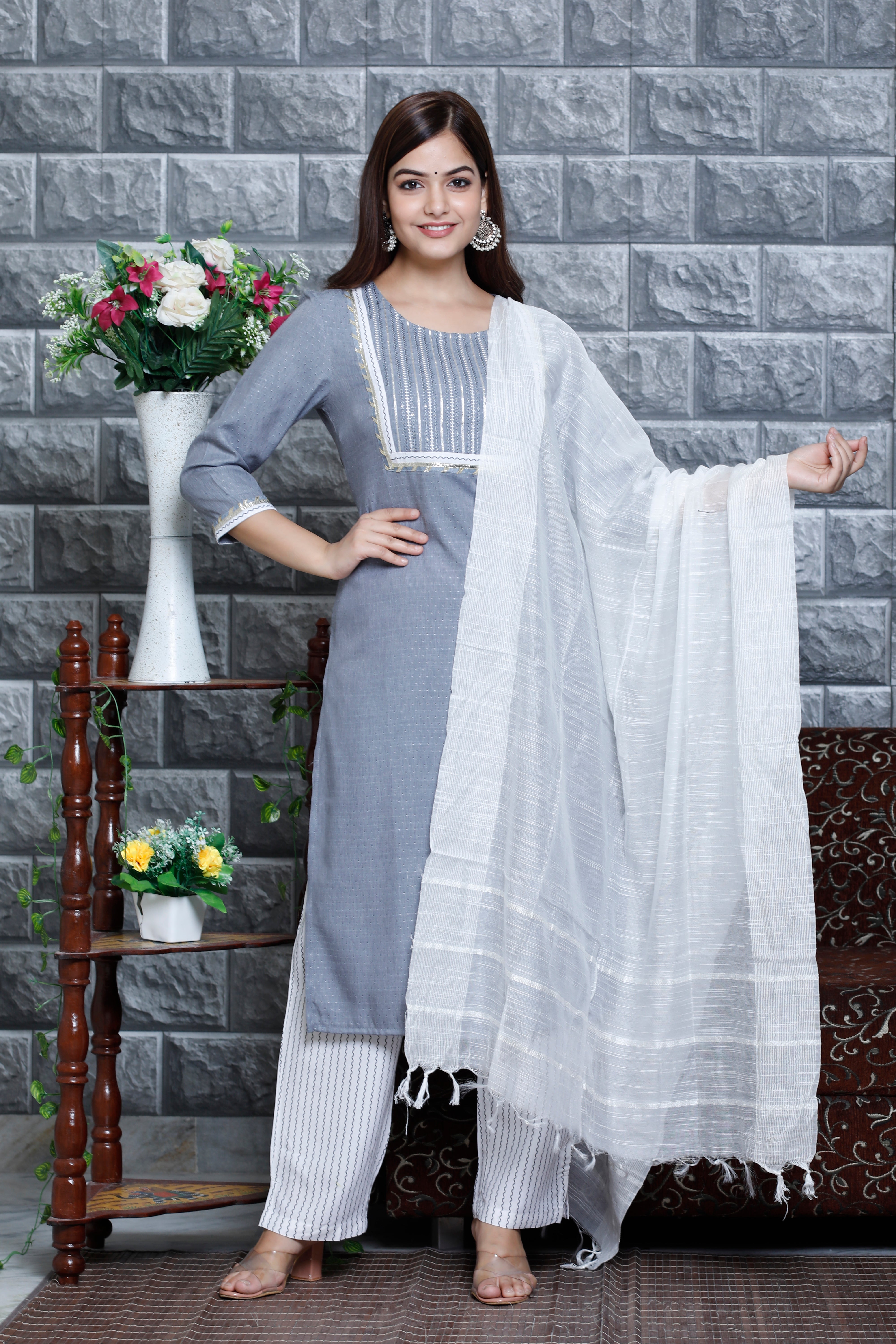 Moonlight Mist –Embroidered Kurta Set with Pant & Dupatta