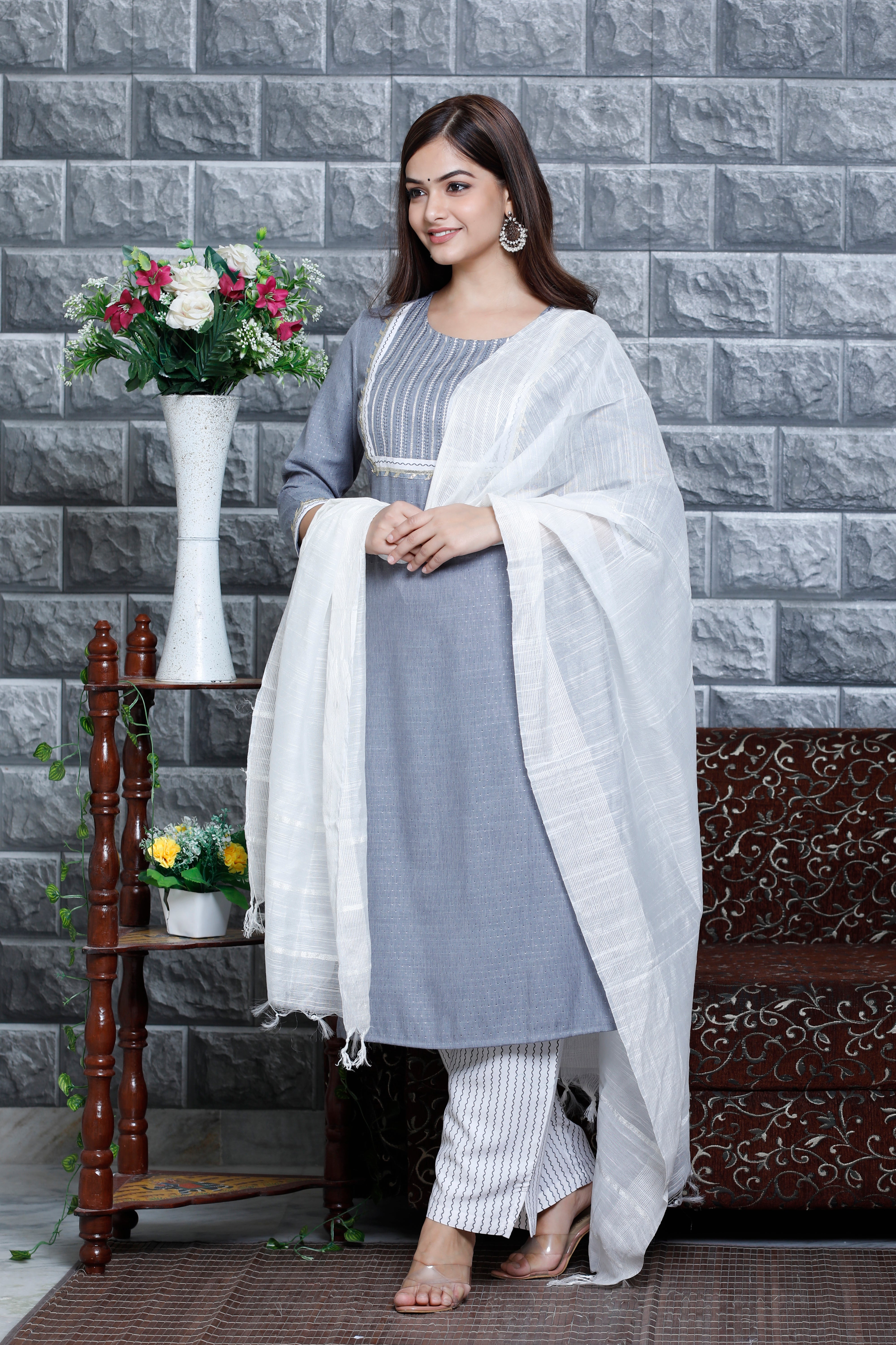 Moonlight Mist –Embroidered Kurta Set with Pant & Dupatta