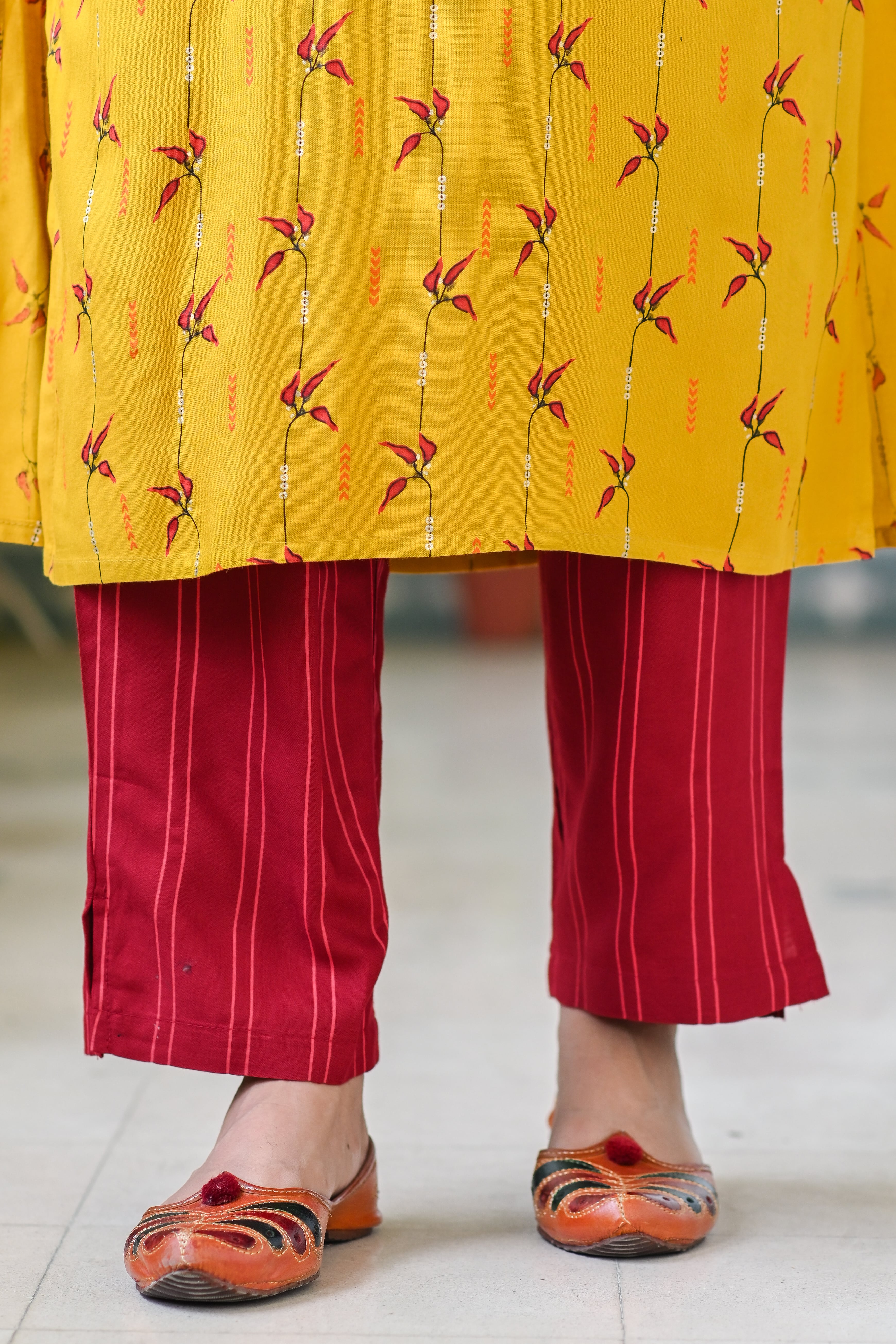 Mustard Printed Rayon Kurta Set with Maroon Dupatta & Pants