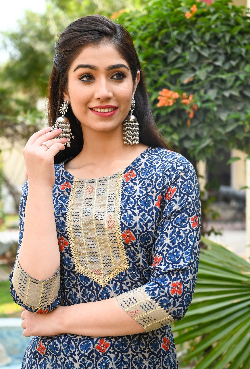 Elegant Blue Printed Cotton Suit Set with Dupatta