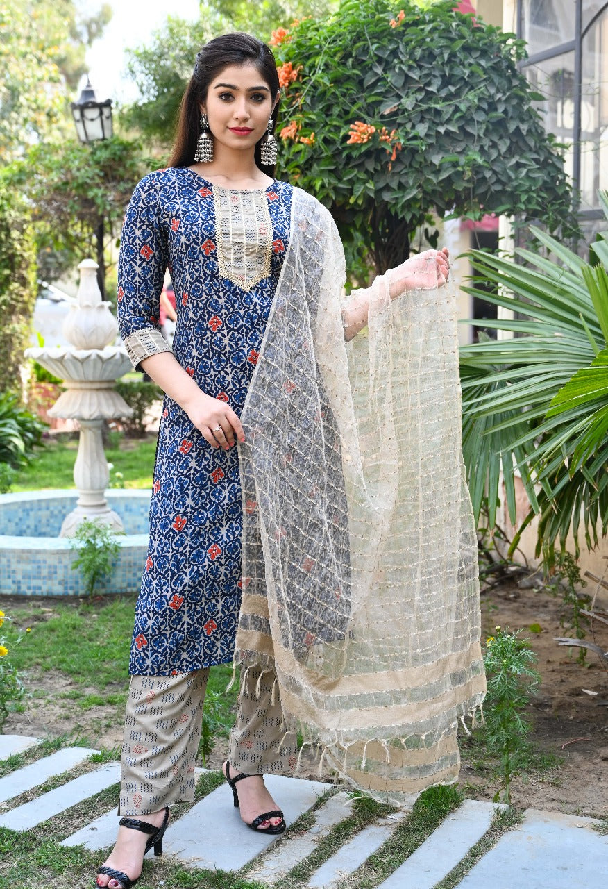 Elegant Blue Printed Cotton Suit Set with Dupatta