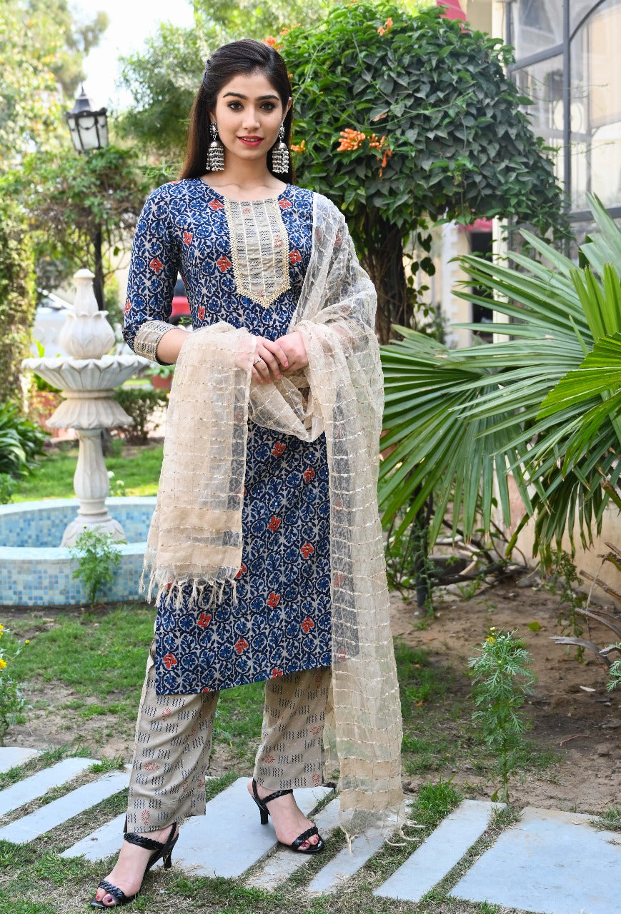 Elegant Blue Printed Cotton Suit Set with Dupatta