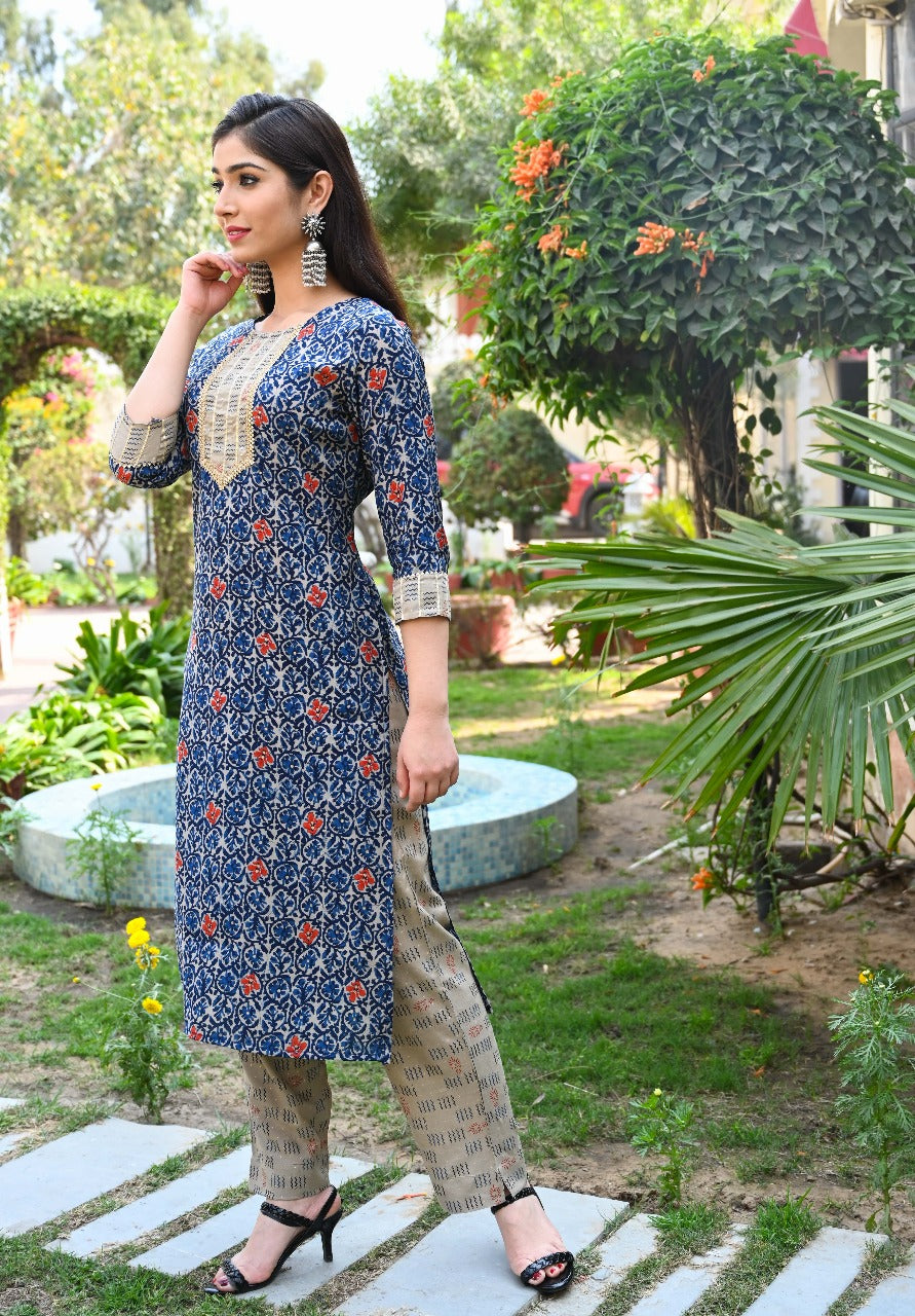 Elegant Blue Printed Cotton Suit Set with Dupatta
