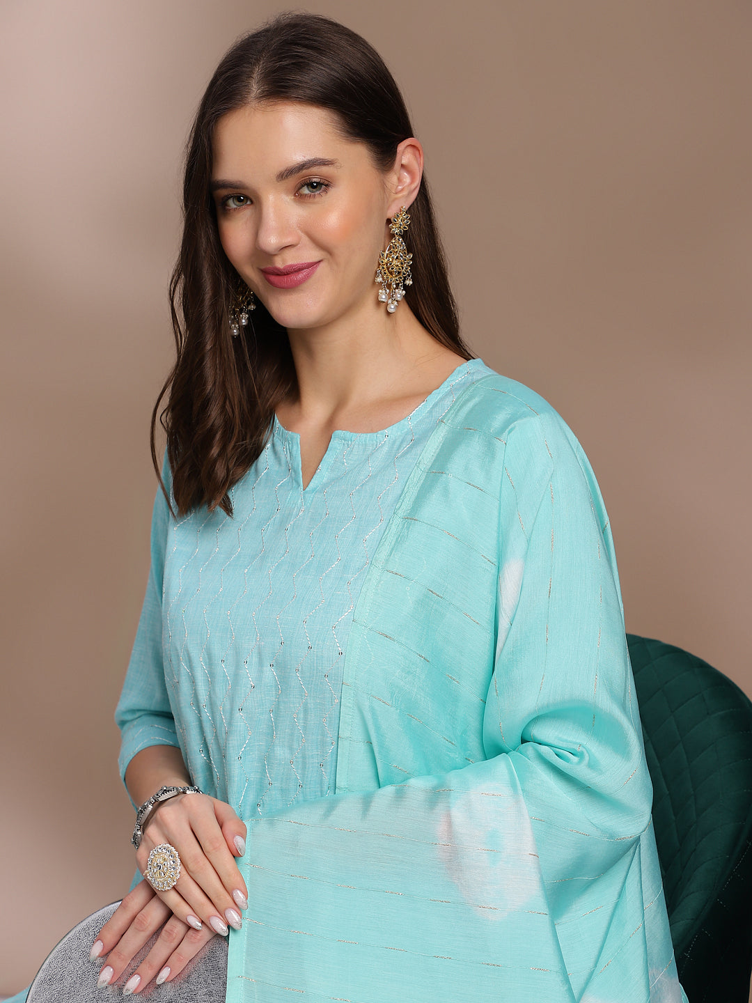 Elegant Light Aqua Embroidered Cotton Kurta Set with Dupatta