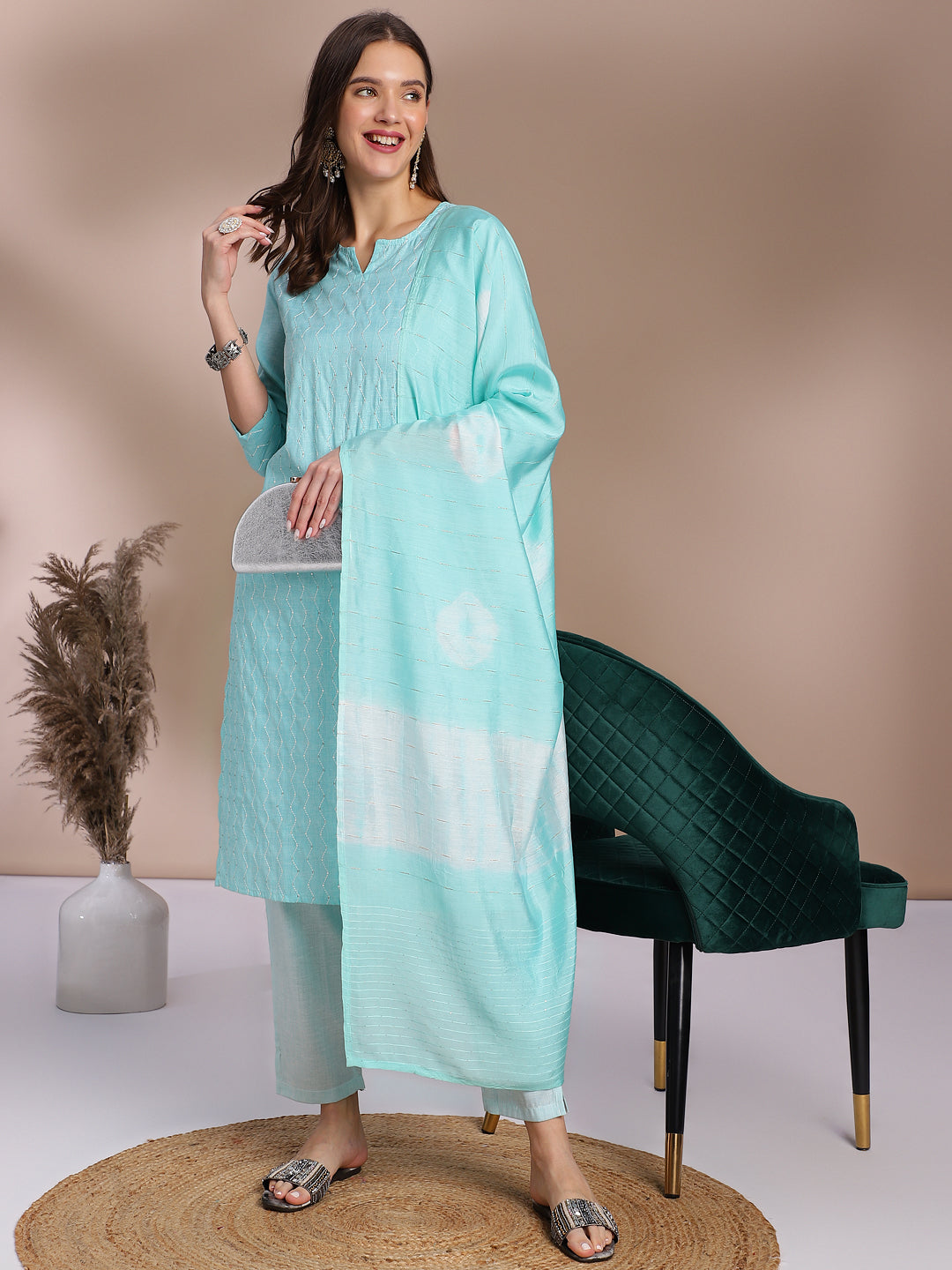 Elegant Light Aqua Embroidered Cotton Kurta Set with Dupatta