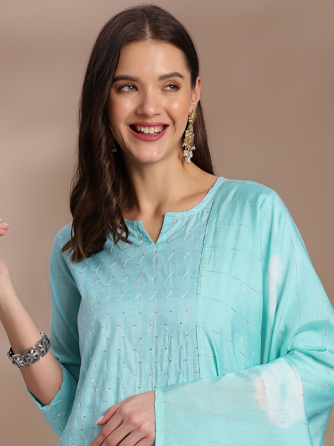 Elegant Light Aqua Embroidered Cotton Kurta Set with Dupatta