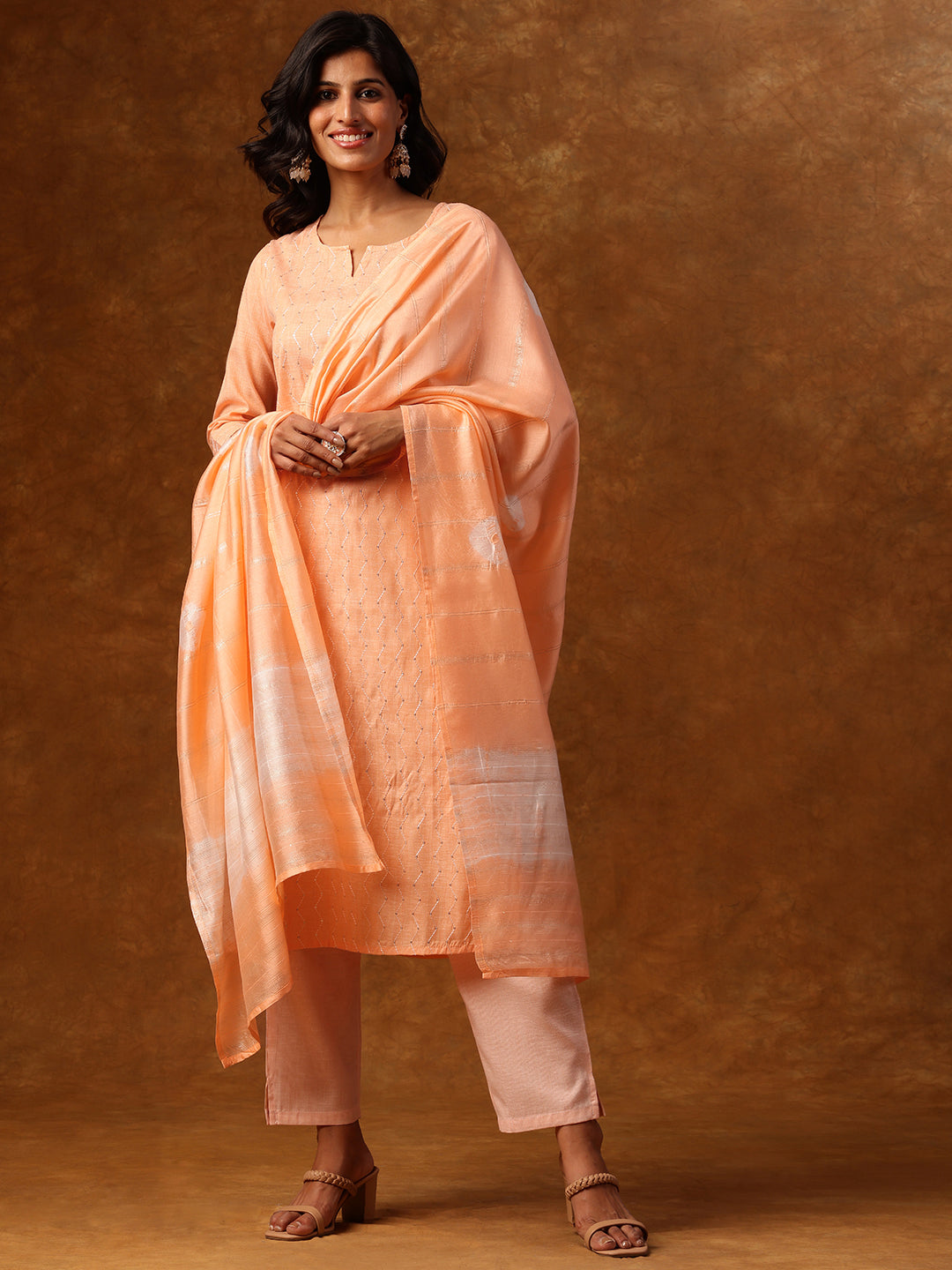 Peach Aura –Embroidered Elegant Set with Pant & Dupatta