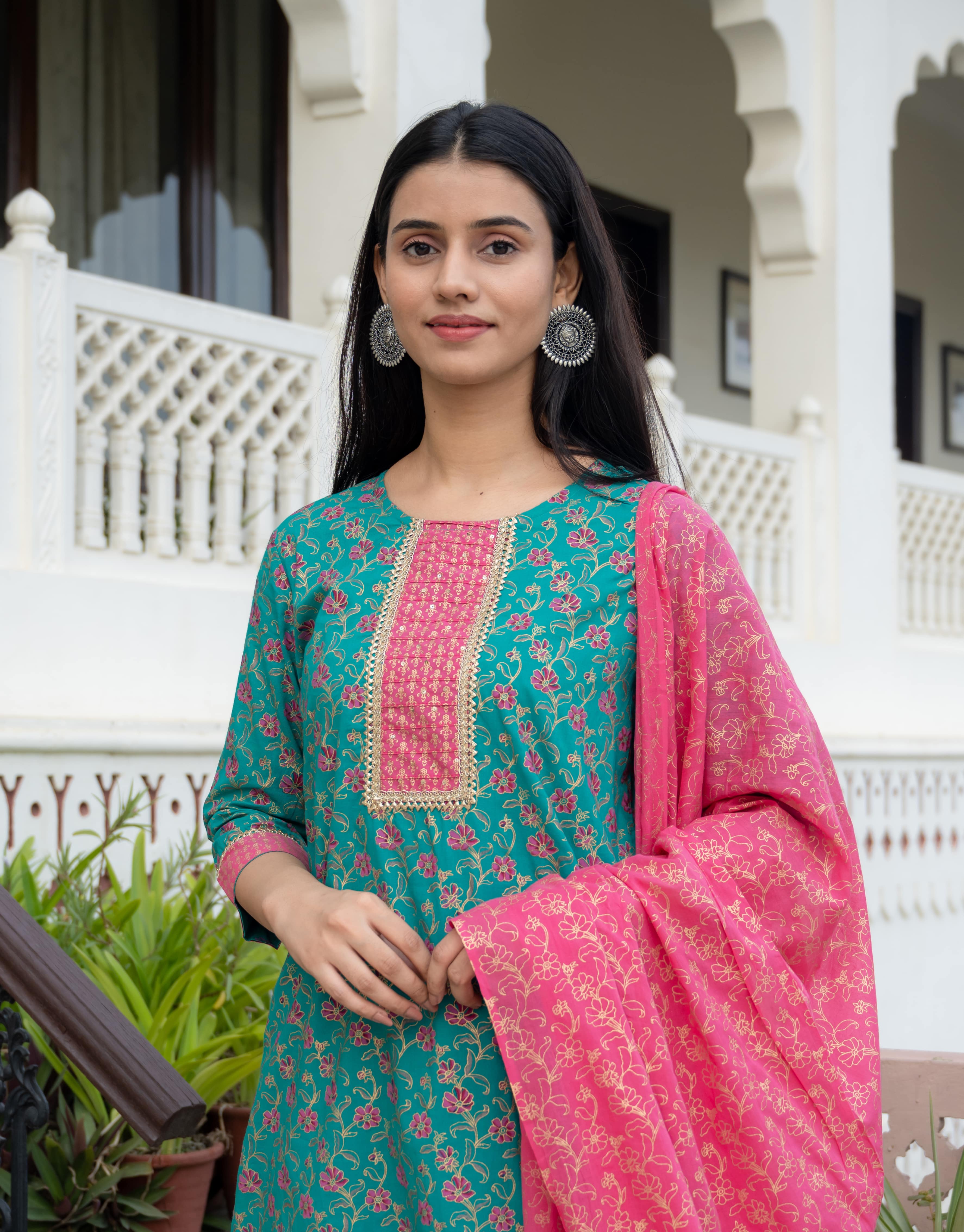 Teal & Pink Floral Printed Cotton Kurta Set with Dupatta