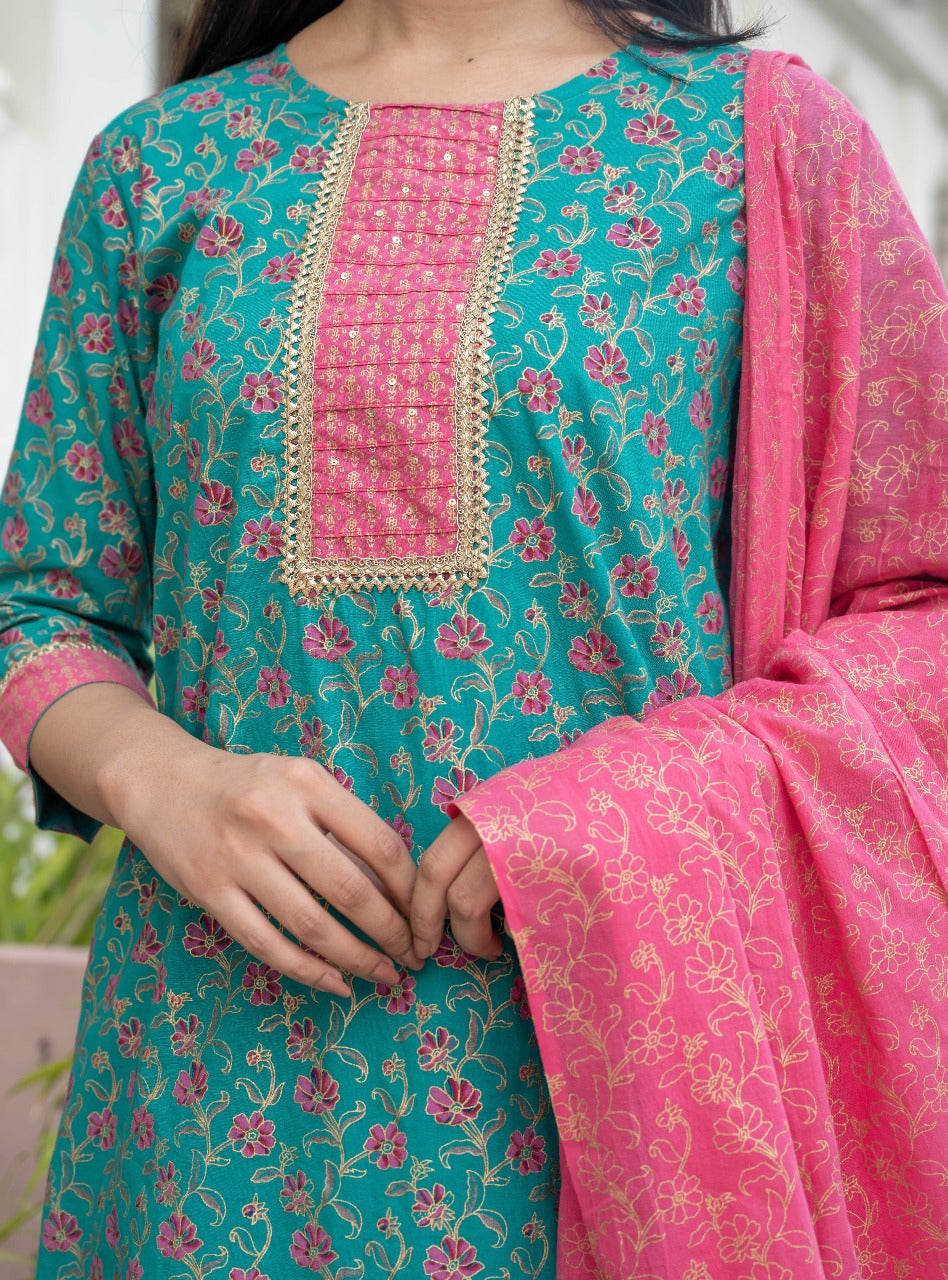 Teal & Pink Floral Printed Cotton Kurta Set with Dupatta