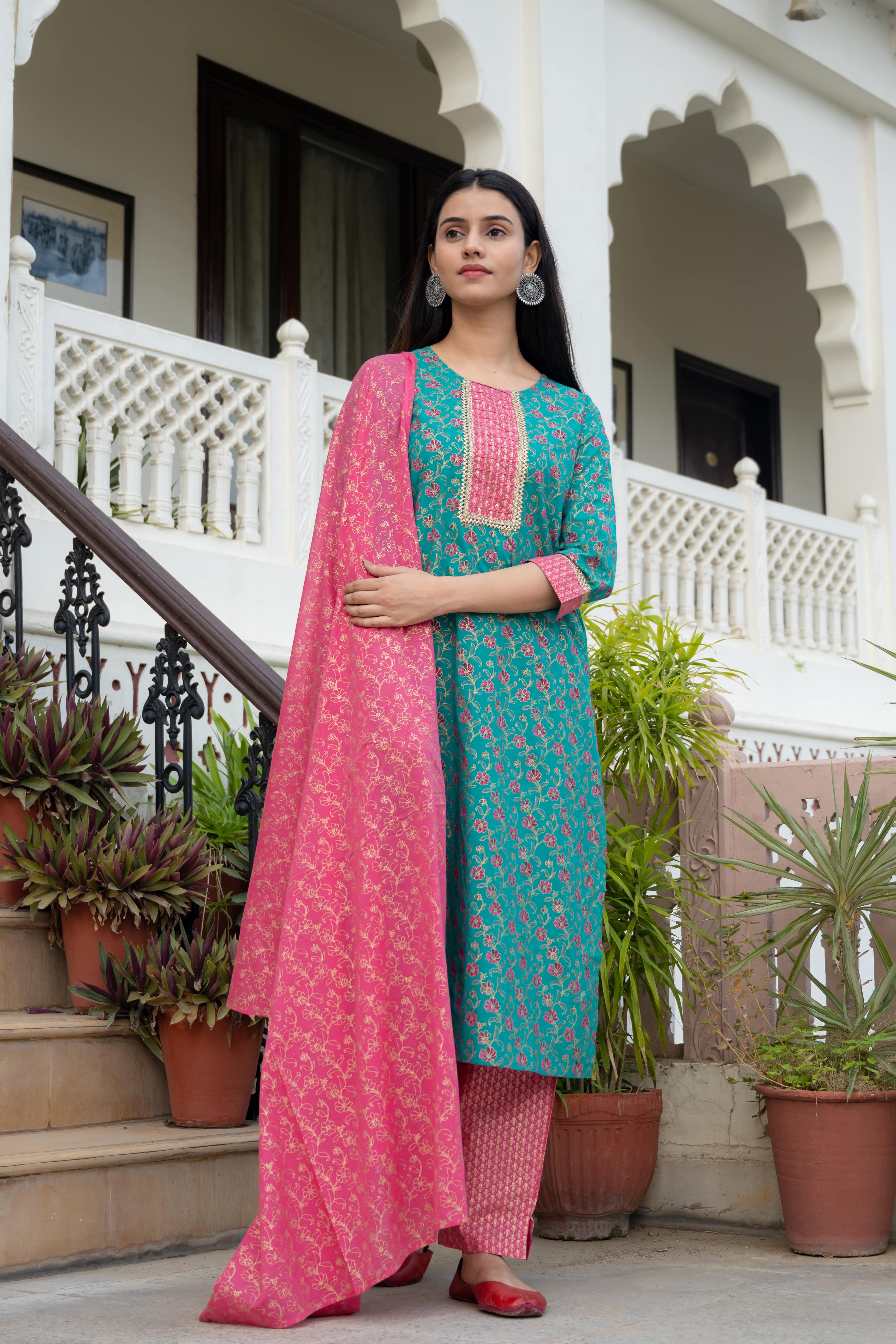 Teal & Pink Floral Printed Cotton Kurta Set with Dupatta